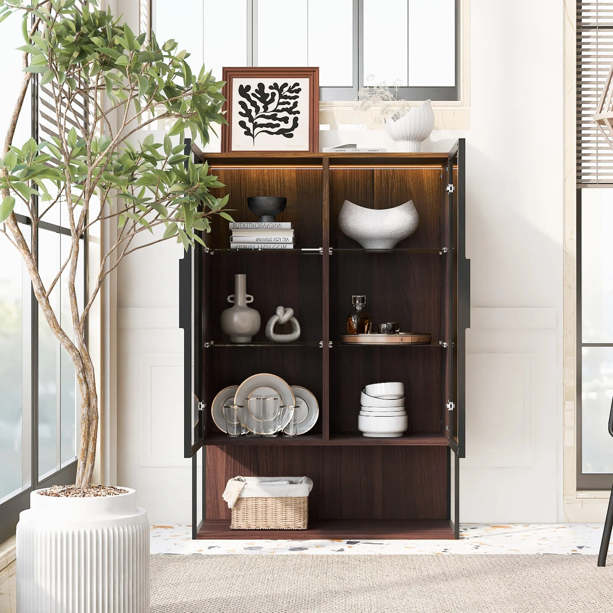 Modern Minimalist 51.2'' Tall Lighted Display Cabinet with Tempered Glass - Image 4