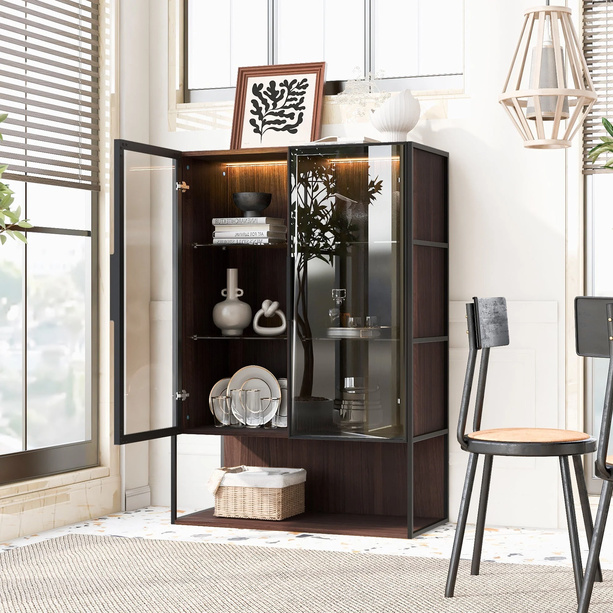 Modern Minimalist 51.2'' Tall Lighted Display Cabinet with Tempered Glass - Image 6