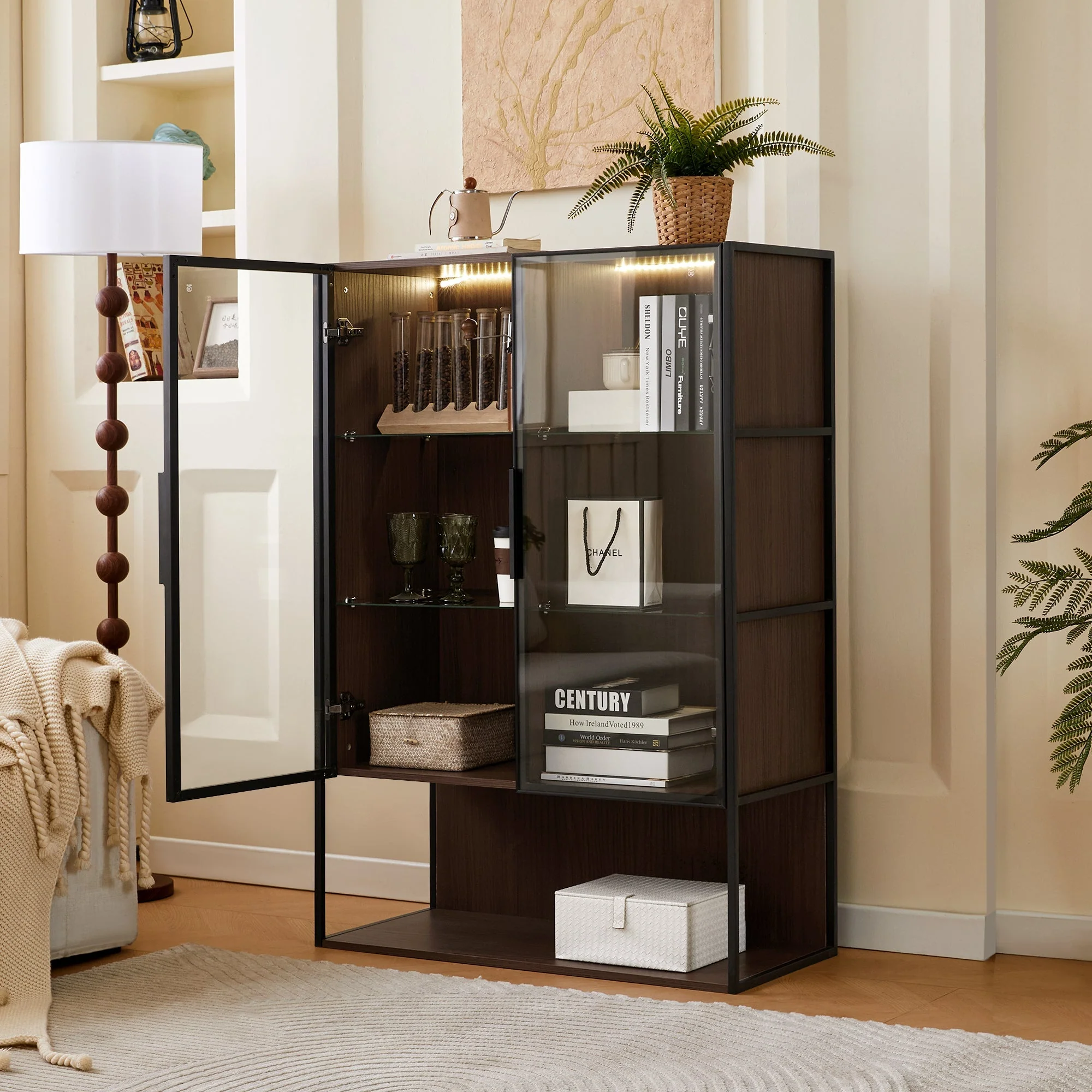 Modern Minimalist 51.2'' Tall Lighted Display Cabinet with Tempered Glass - Image 7