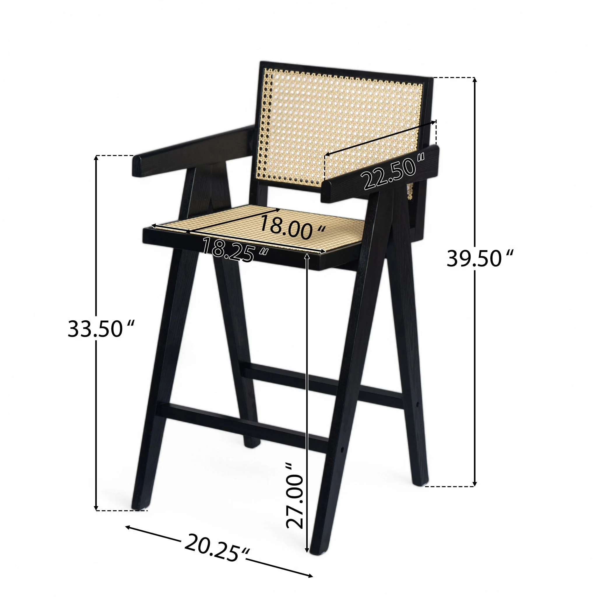 Modern Minimalist Bar Stool With Cane Seat - Black / Natural - Image 2