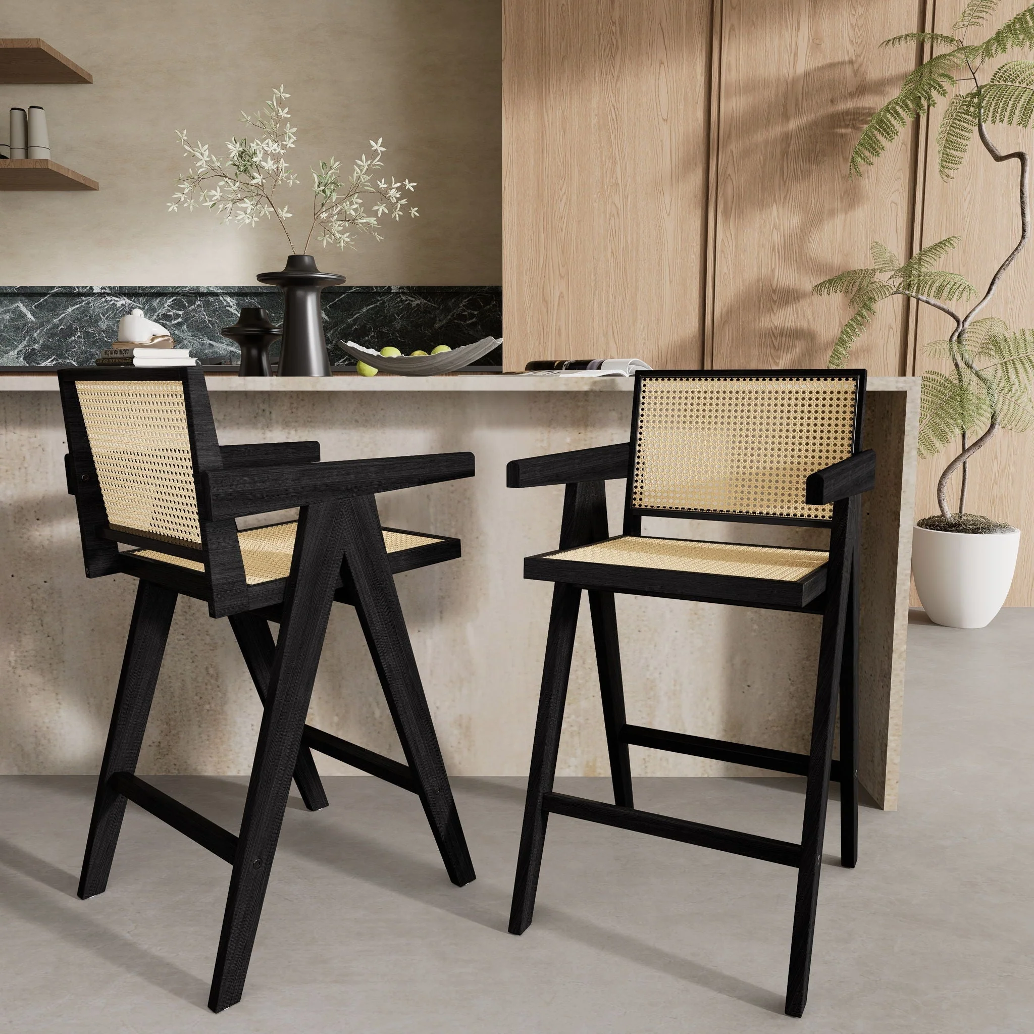 Modern Minimalist Bar Stool With Cane Seat - Black / Natural - Image 3