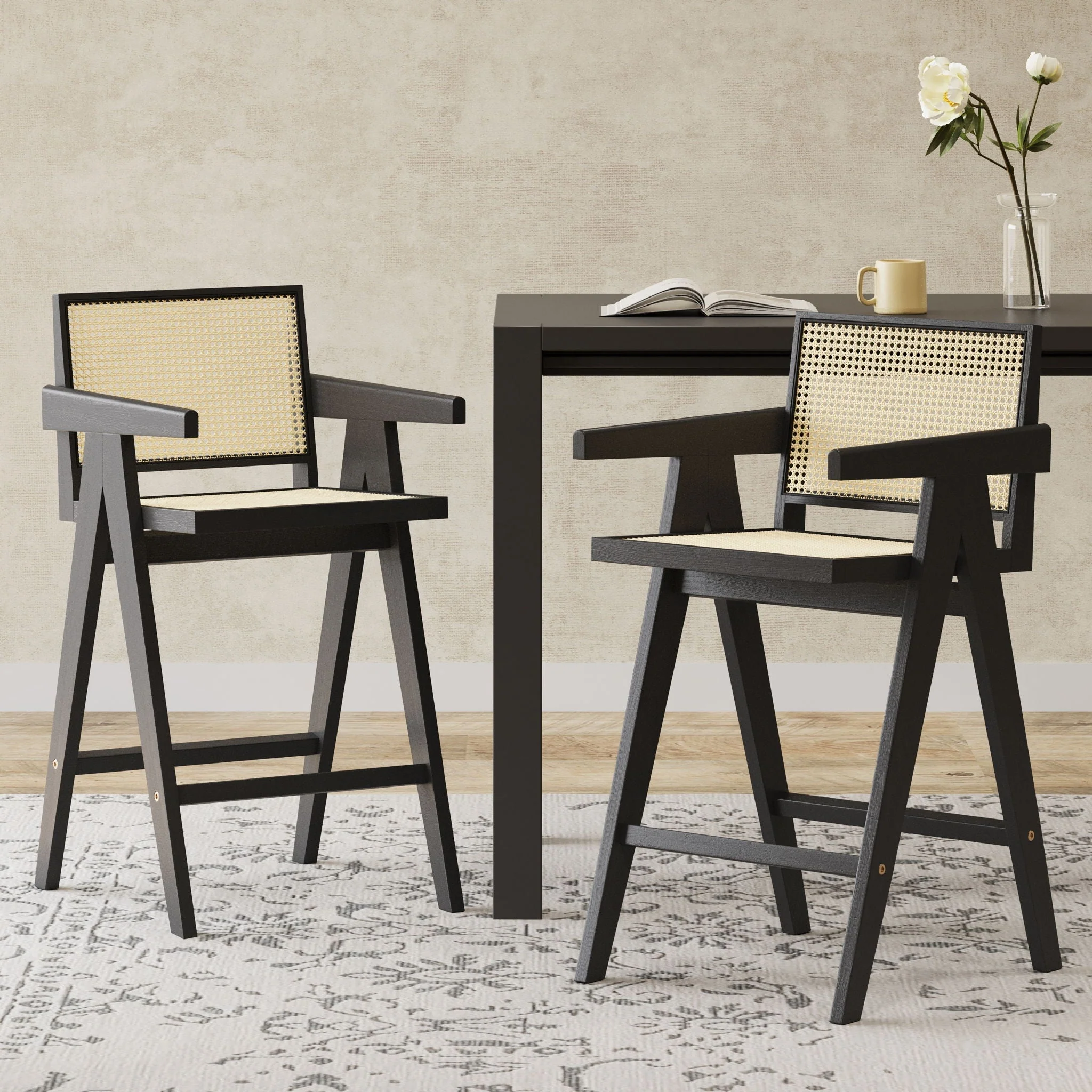 Modern Minimalist Bar Stool With Cane Seat - Black / Natural - Image 4