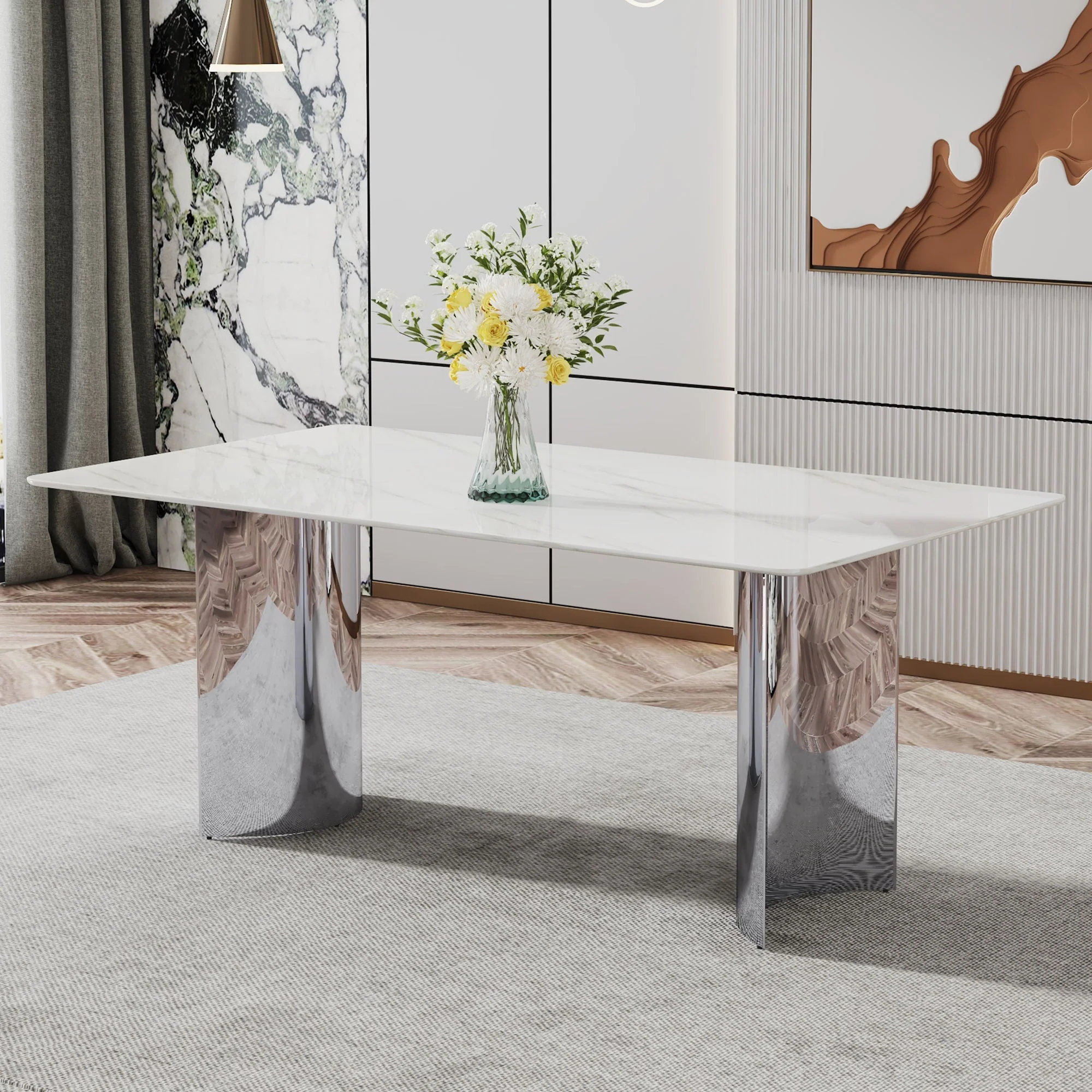 Modern Minimalist Dining Table With Imitation Marble Glass Desktop And Metal Legs - Image 7