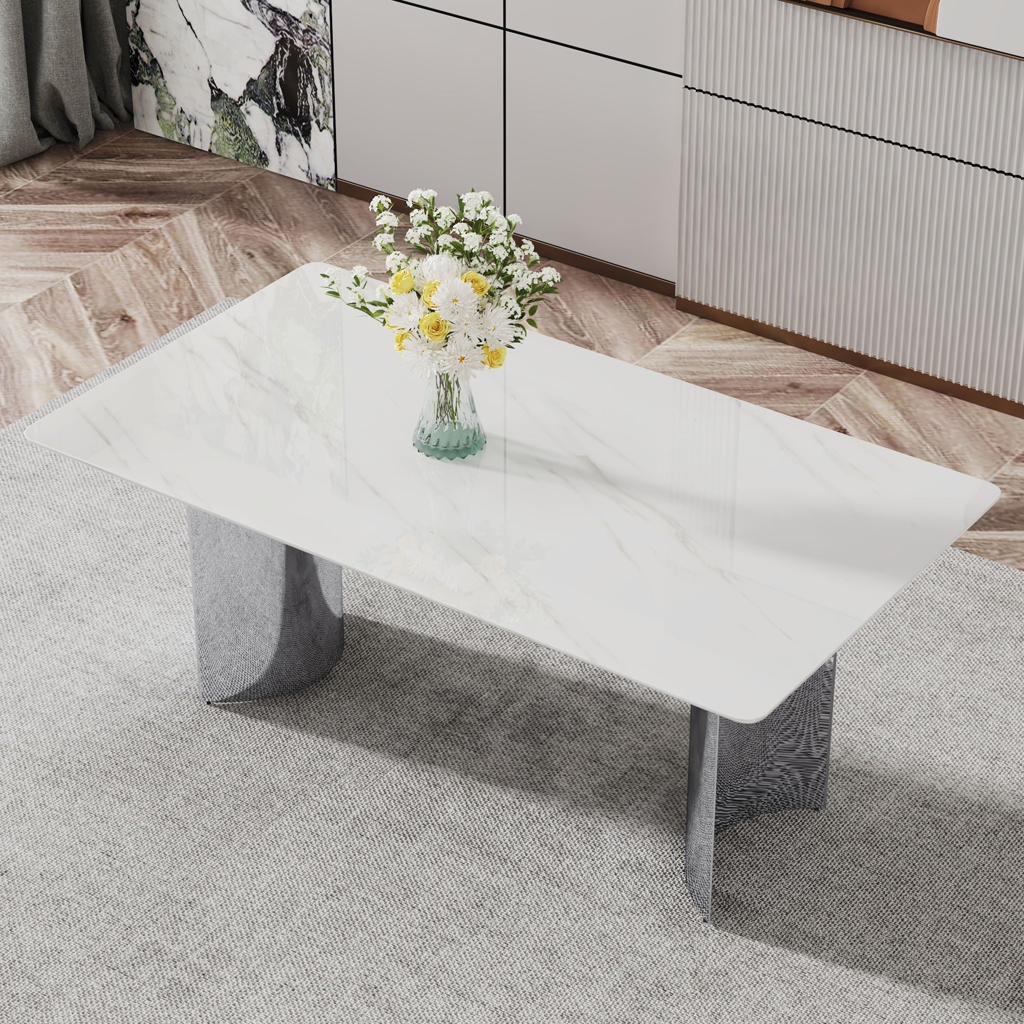 Modern Minimalist Dining Table With Marble Glass Top - Image 3
