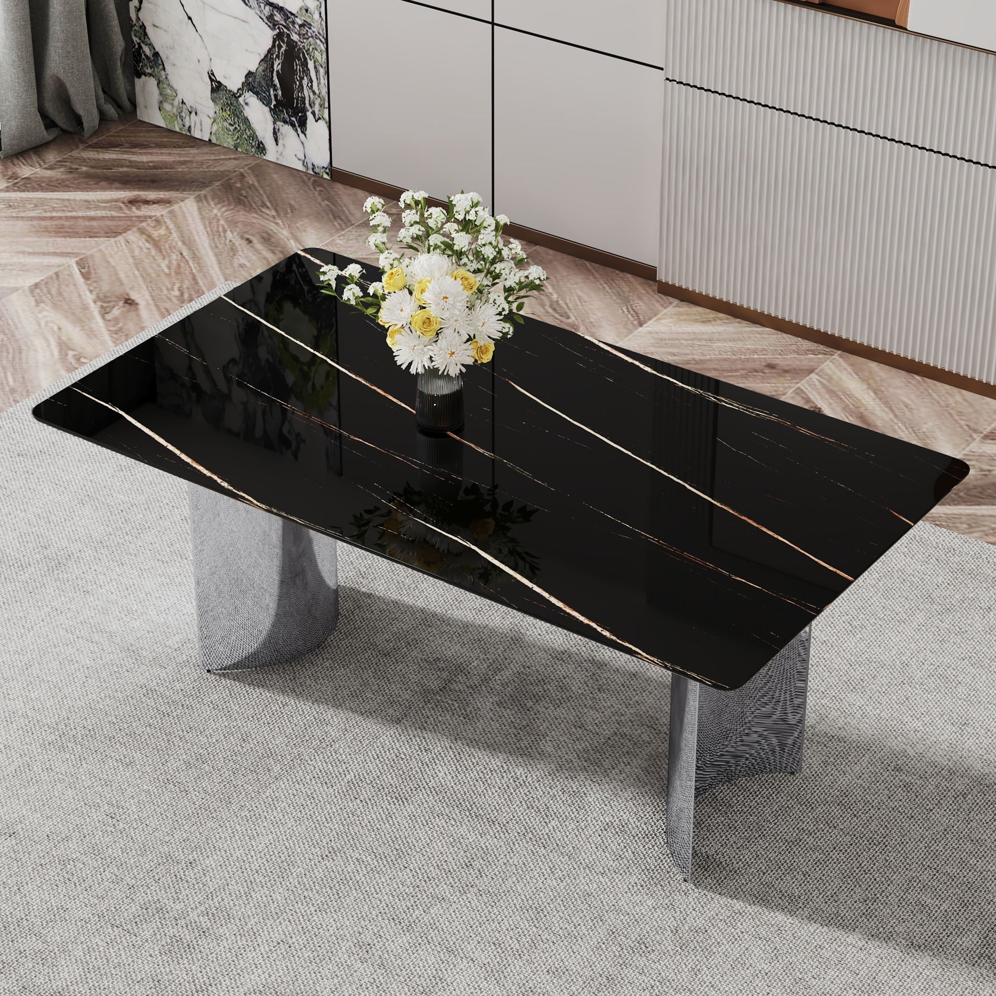 Modern Minimalist Dining Table With Marble Glass Top - Image 5