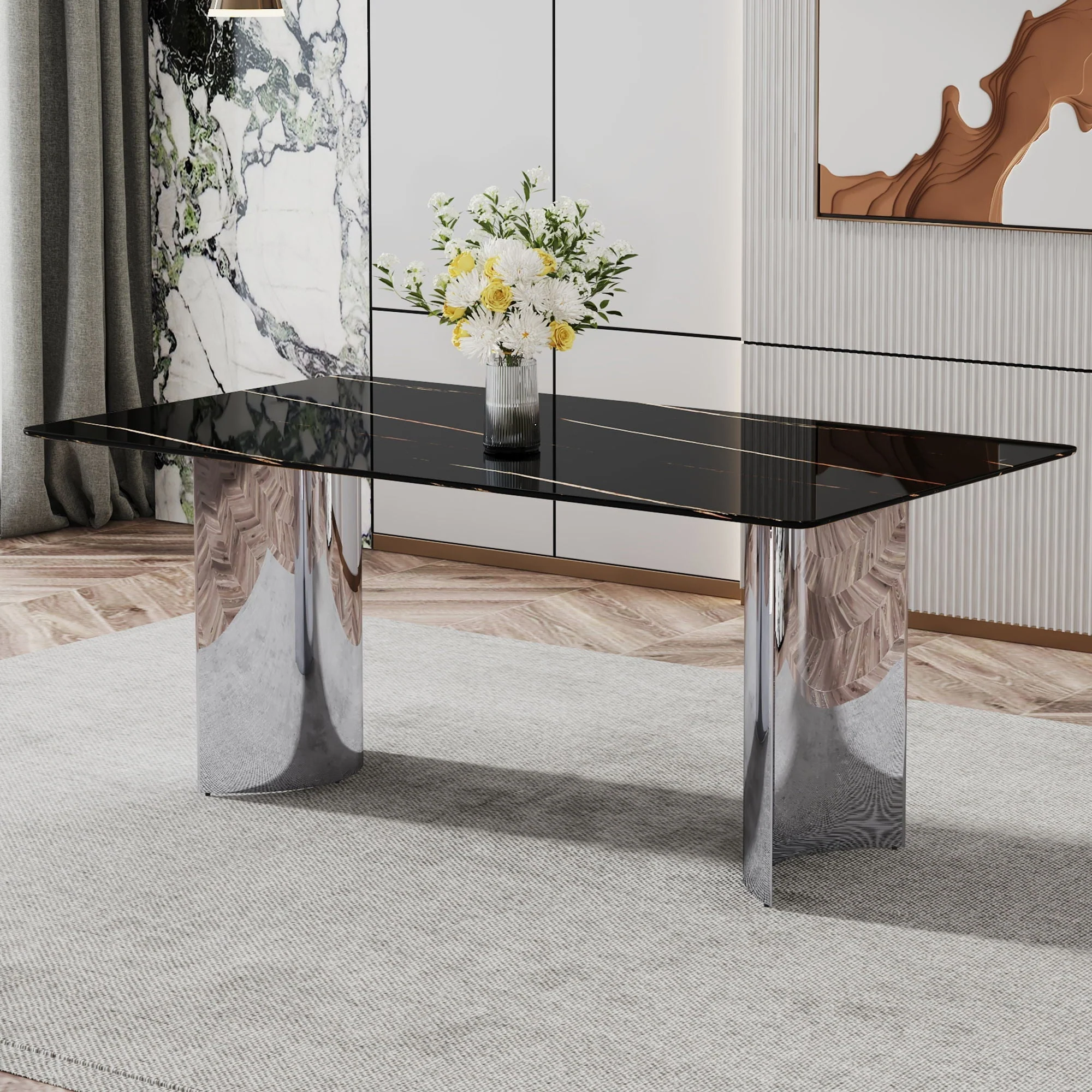 Modern Minimalist Dining Table With Marble Glass Top - Image 8