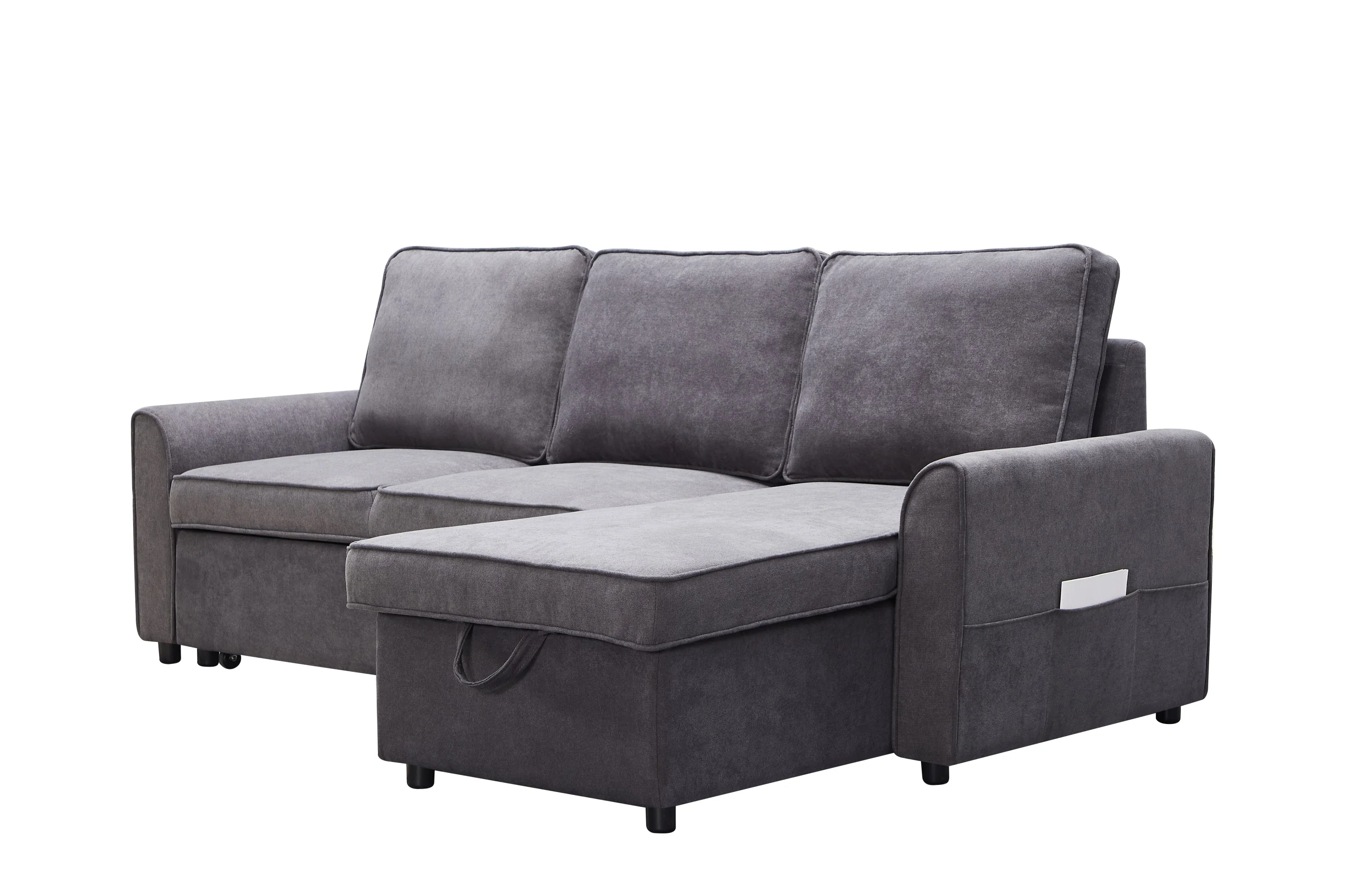 Modern Modular L-Shaped Sofa Bed with Chaise Dark Grey Linen - Image 2
