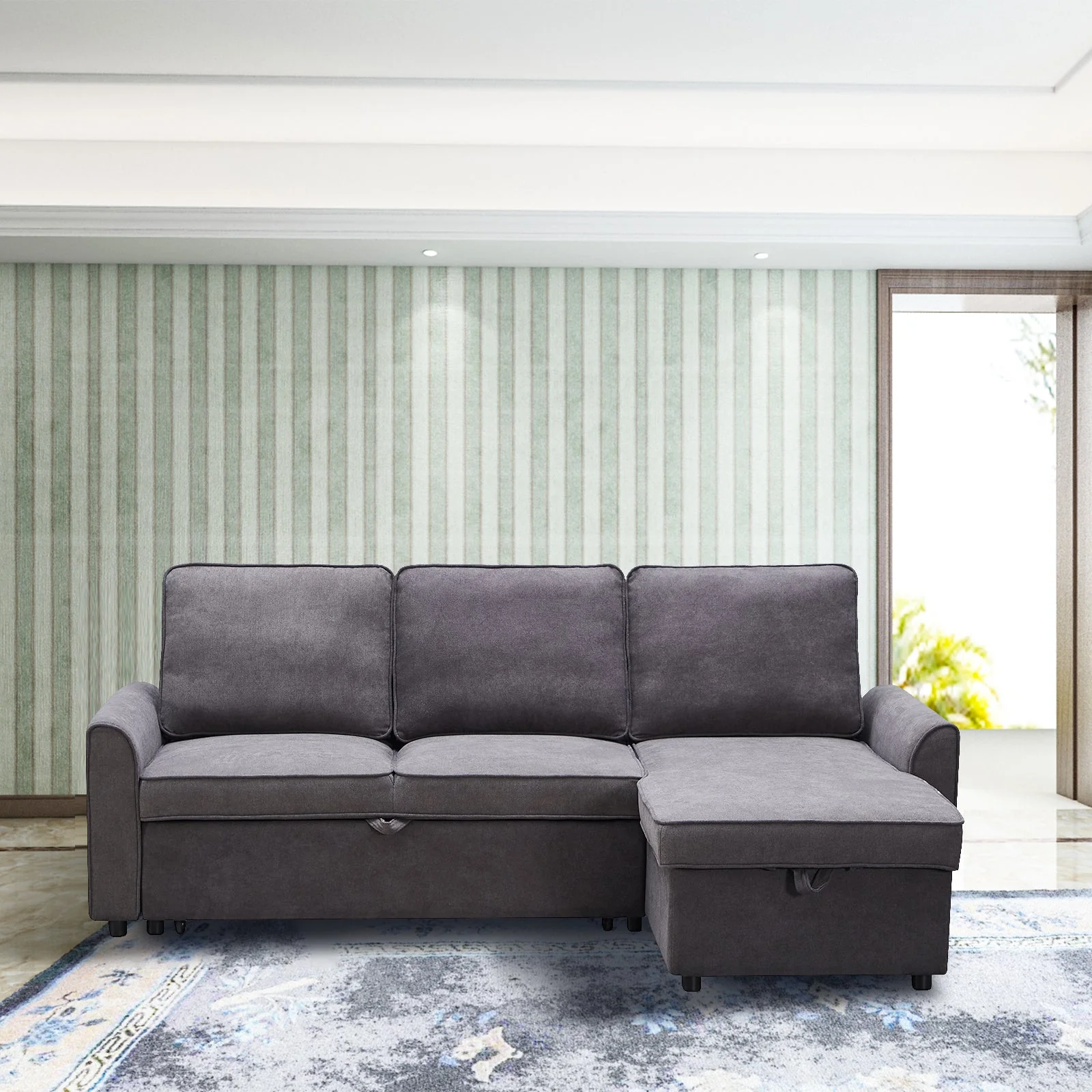 Modern Modular L-Shaped Sofa Bed with Chaise Dark Grey Linen - Image 7