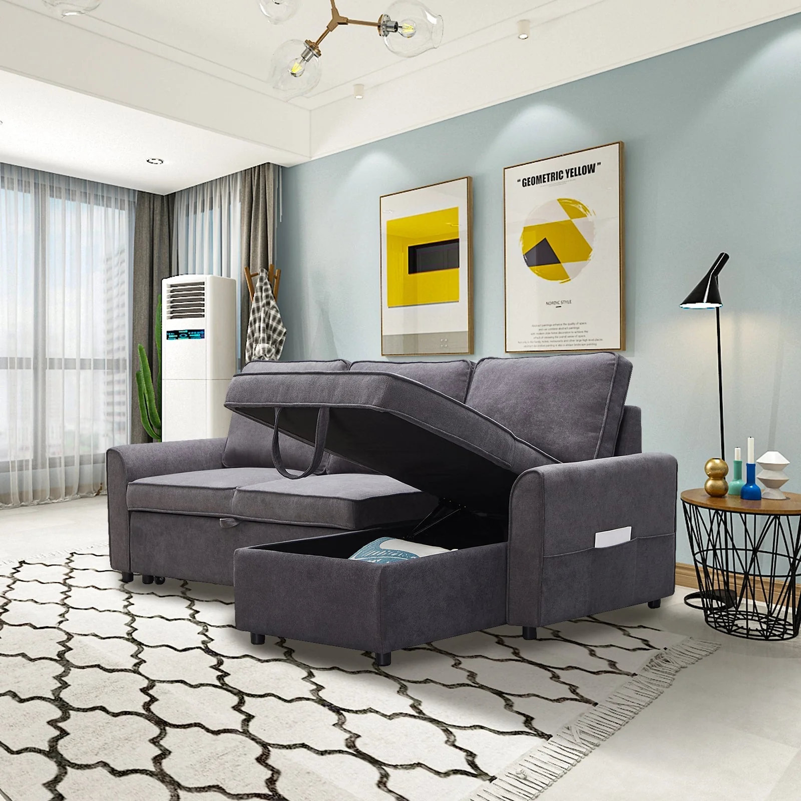 Modern Modular L-Shaped Sofa Bed with Chaise Dark Grey Linen - Image 8