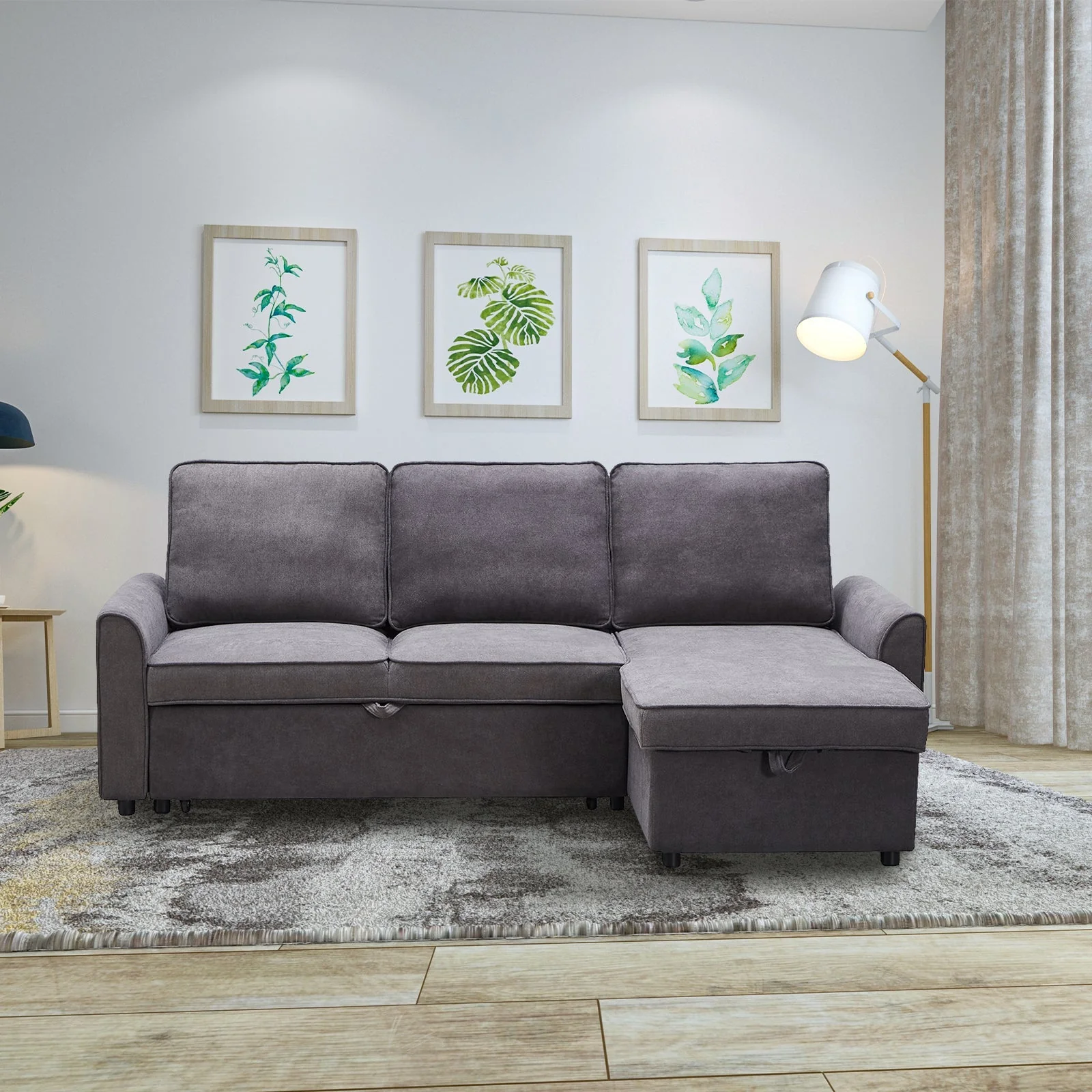 Modern Modular L-Shaped Sofa Bed with Chaise Dark Grey Linen - Image 9