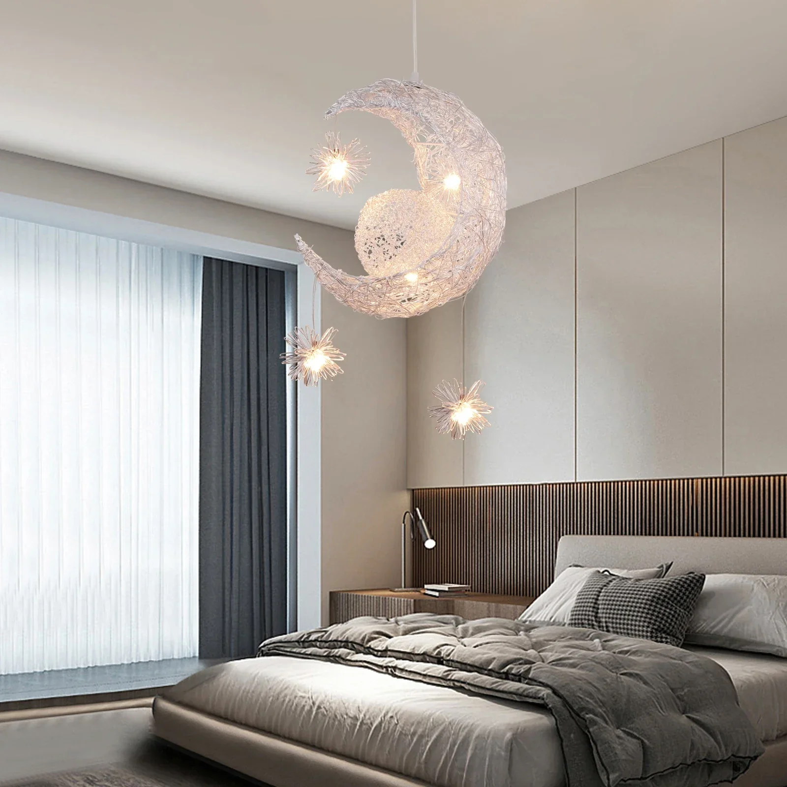 Modern Moon & Star Pendant Light LED Kids Bedroom Hanging Lamp Home Décor - Image 3