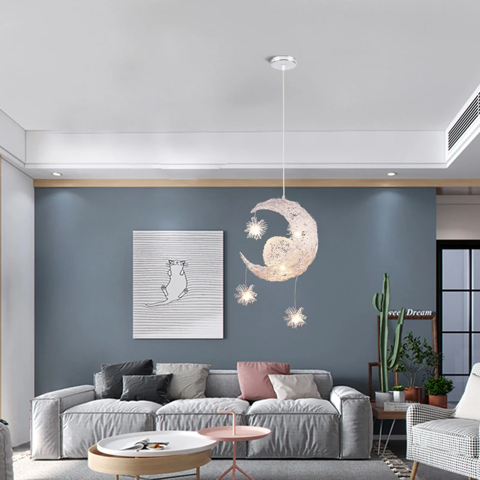 Modern Moon & Star Pendant Light LED Kids Bedroom Hanging Lamp Home Décor - Image 4