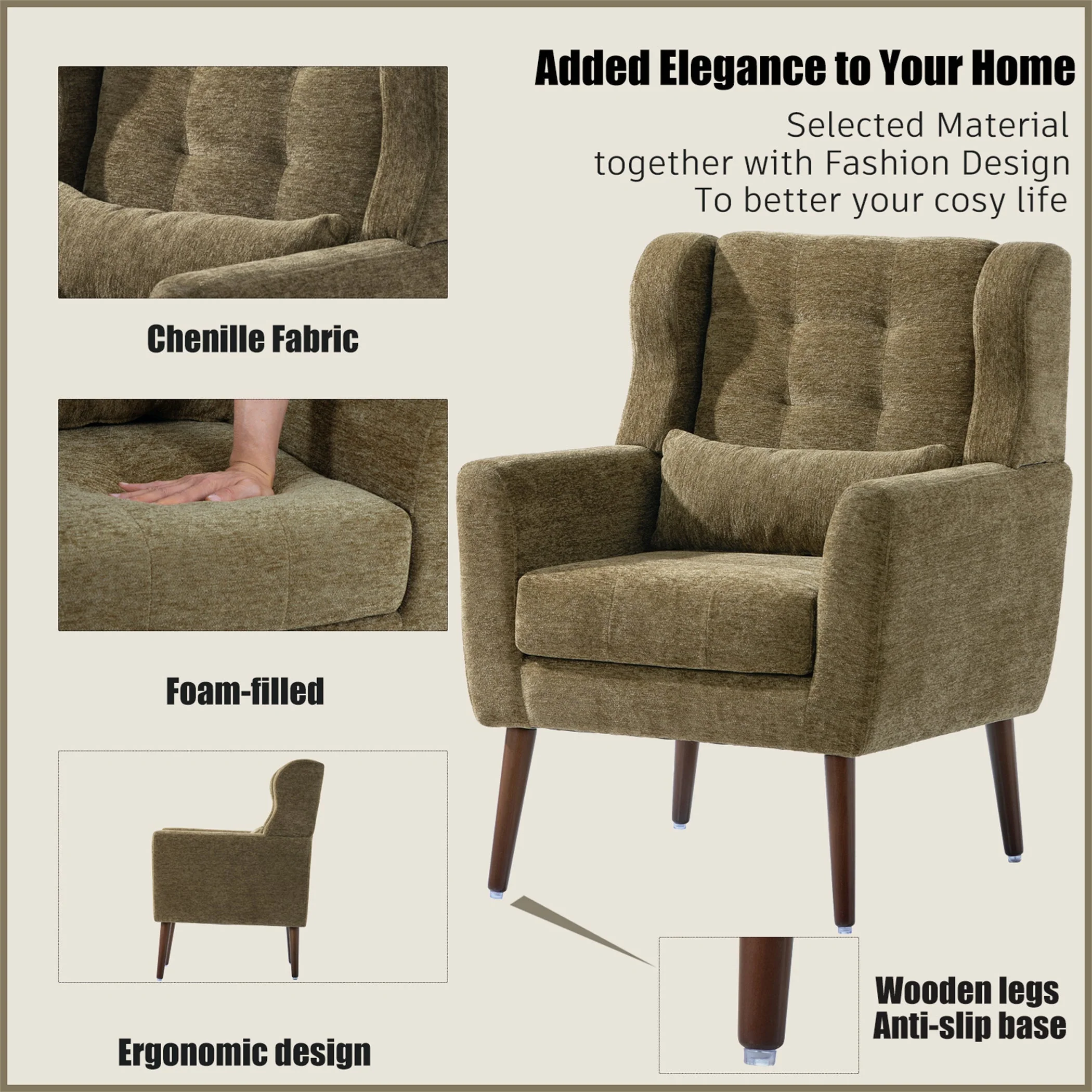 Modern Olive Green Chenille Accent Chair - Image 4