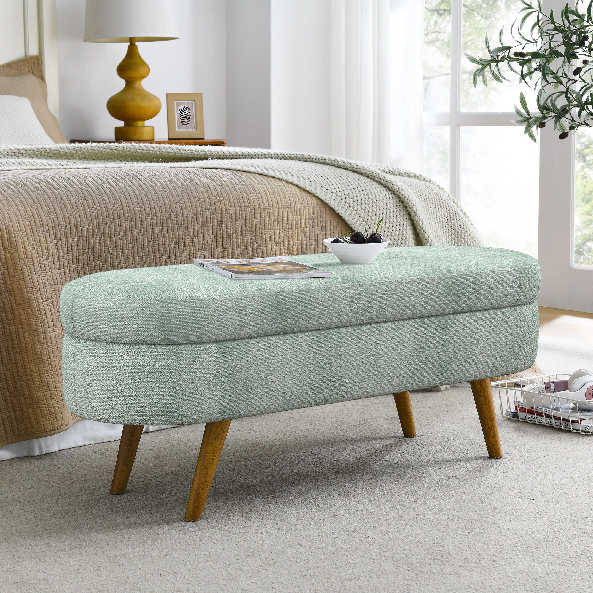 Modern Ottoman Oval Storage Bench With Rubber Wood Legs - Image 10
