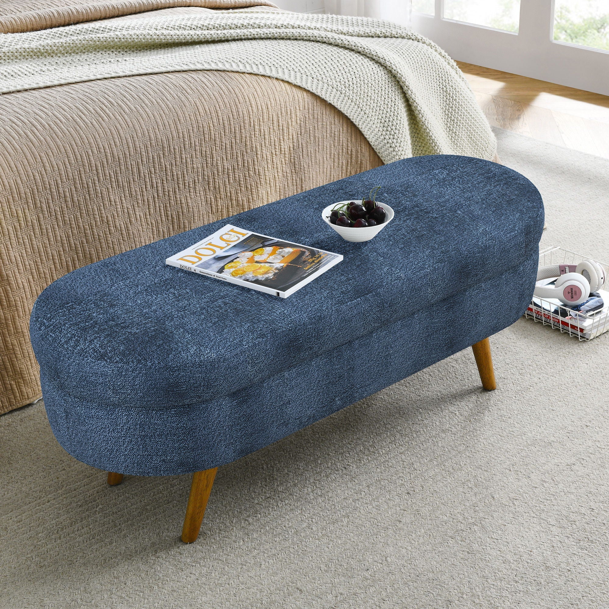 Modern Ottoman Oval Storage Bench With Rubber Wood Legs - Image 4