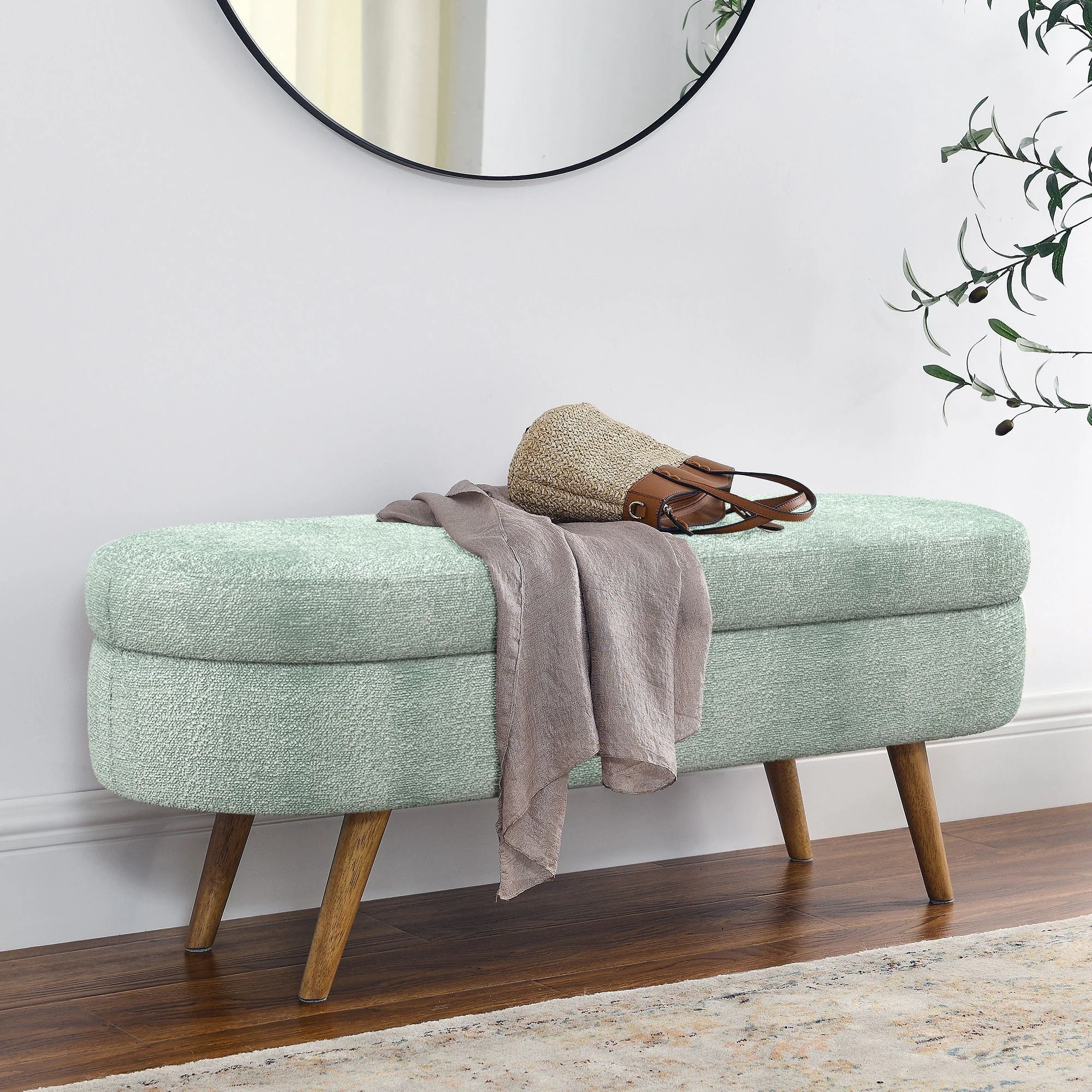 Modern Ottoman Oval Storage Bench With Rubber Wood Legs - Image 5