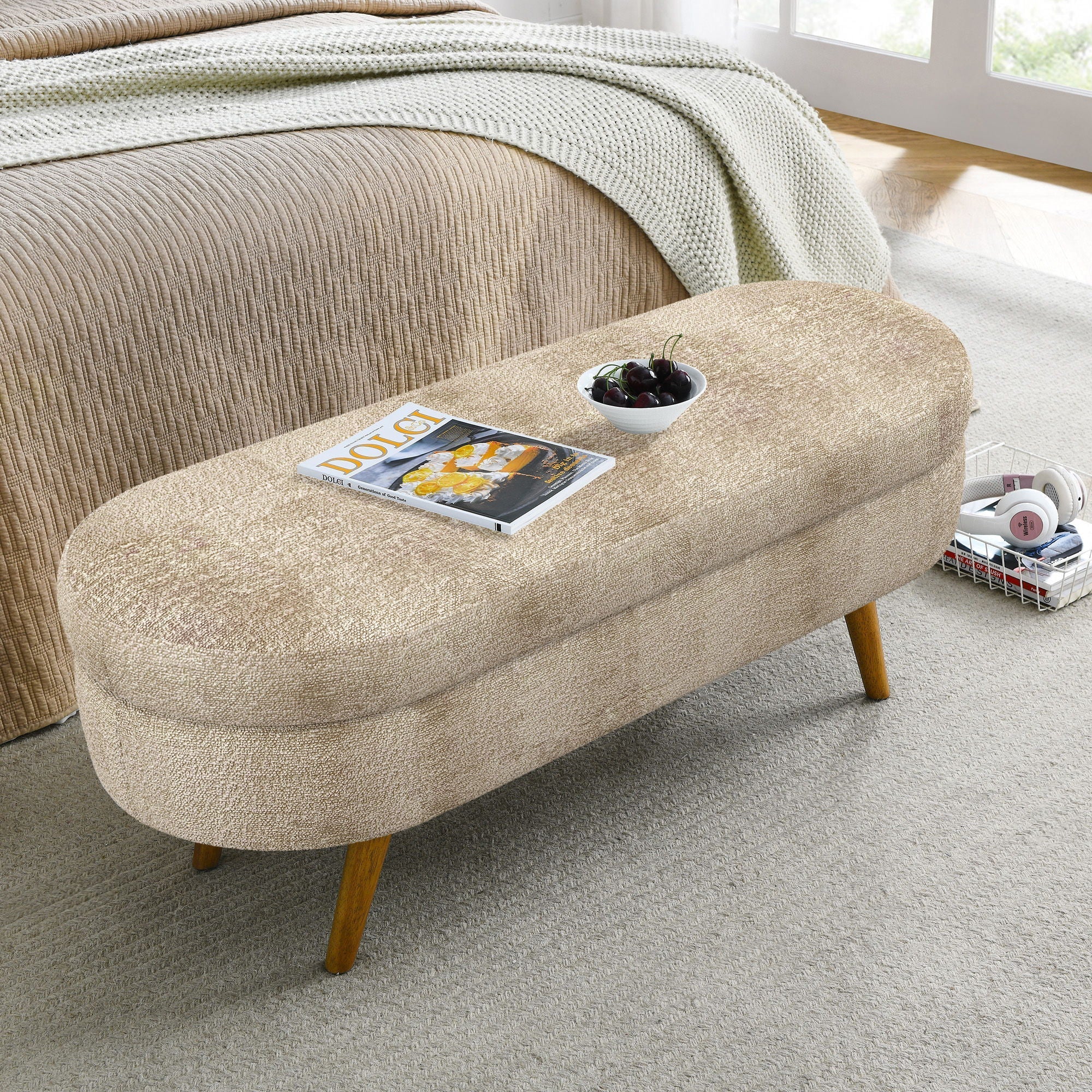 Modern Ottoman Oval Storage Bench With Rubber Wood Legs - Image 7