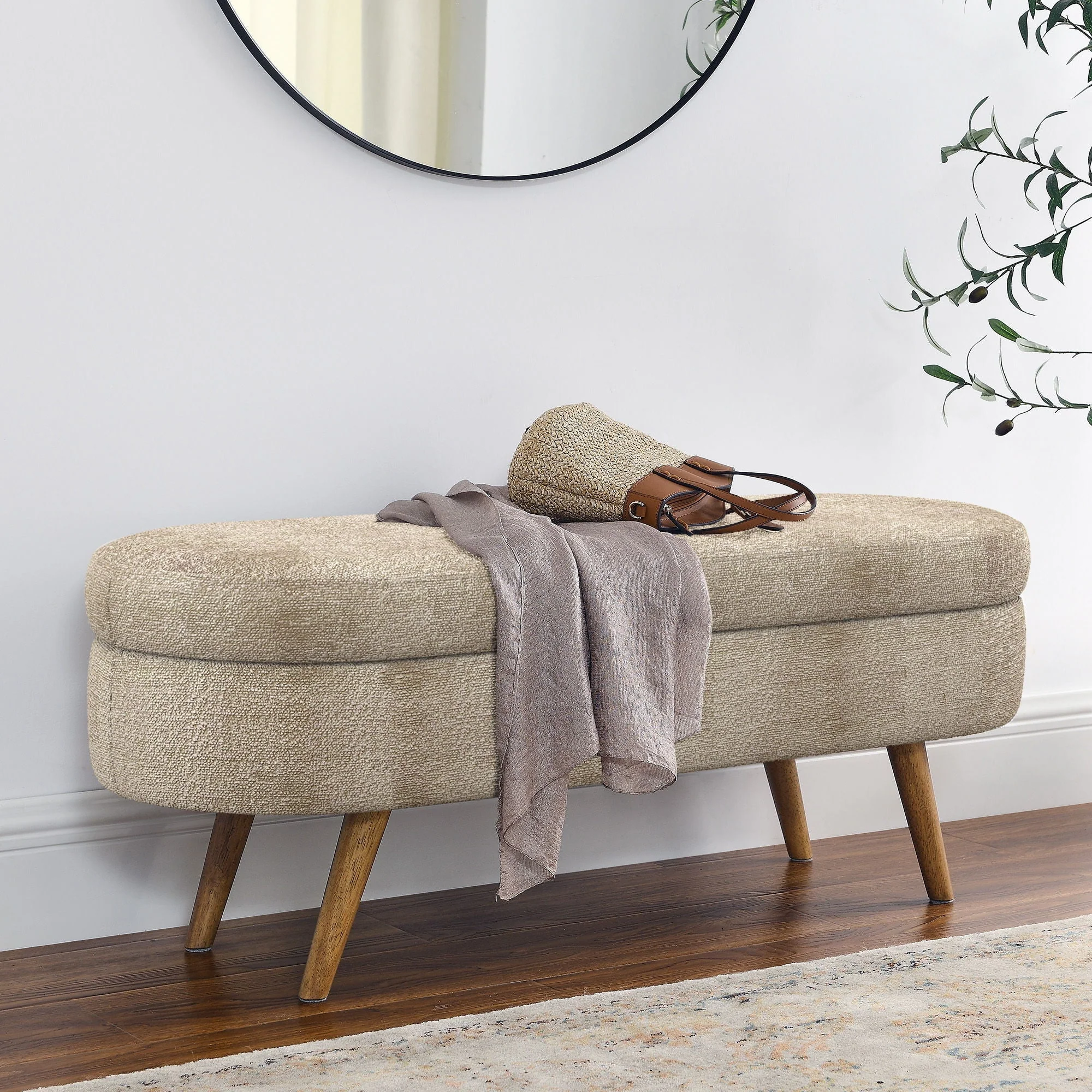 Modern Ottoman Oval Storage Bench With Rubber Wood Legs - Image 9