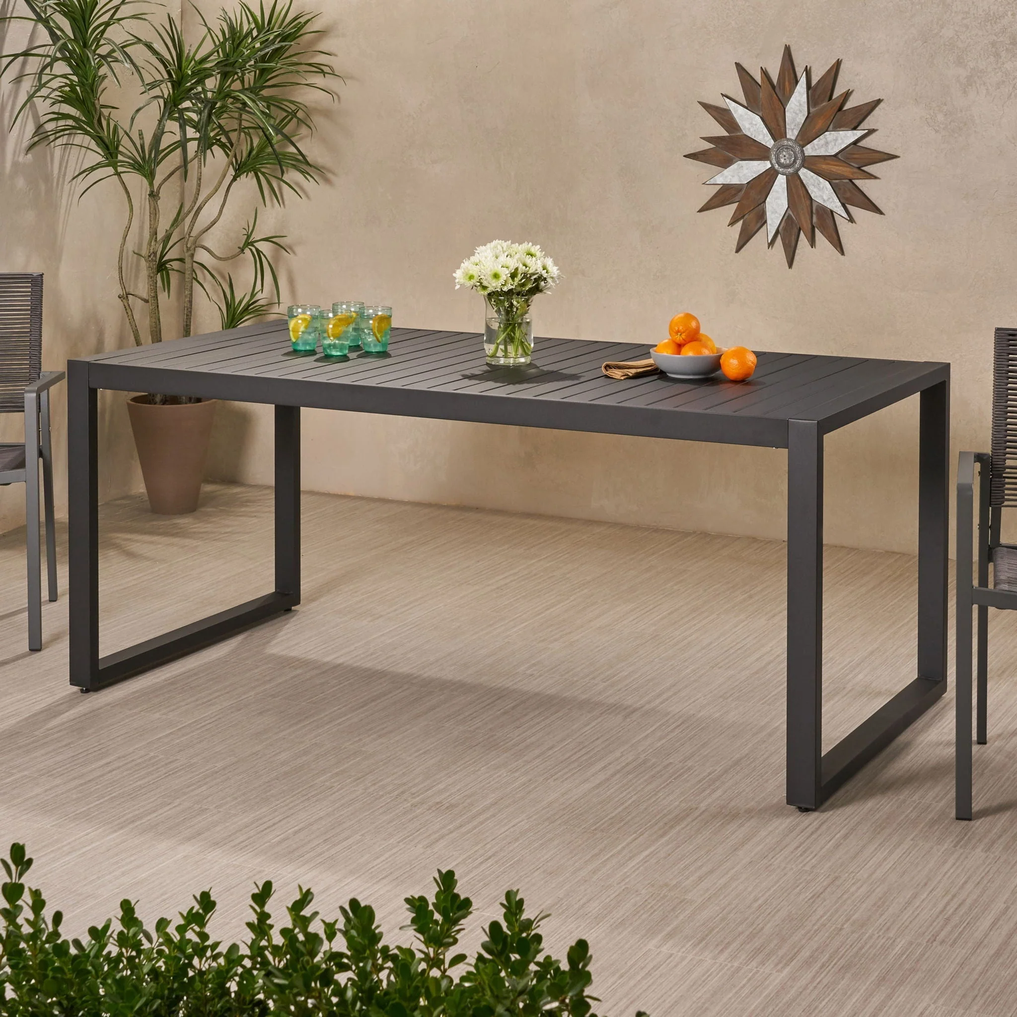 Modern Outdoor Aluminum Rectangular Dining Table With Slatted Top - Image 3