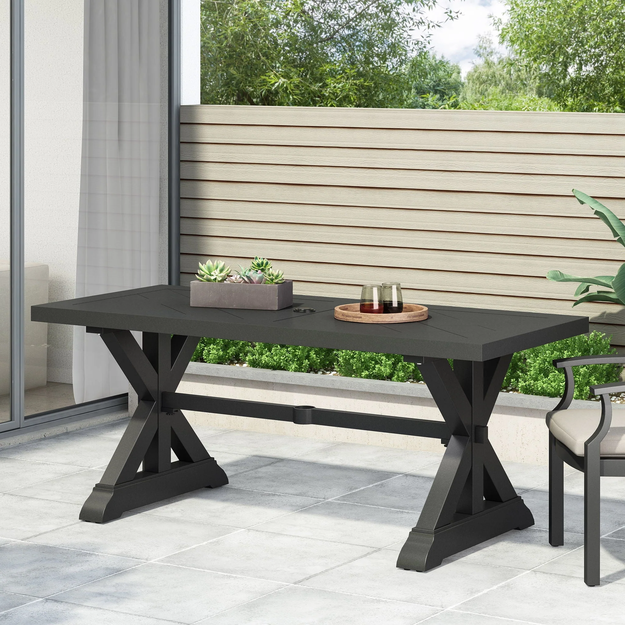 Modern Outdoor Dining Table With X Shaped Legs, Umbrella Hole - Image 3
