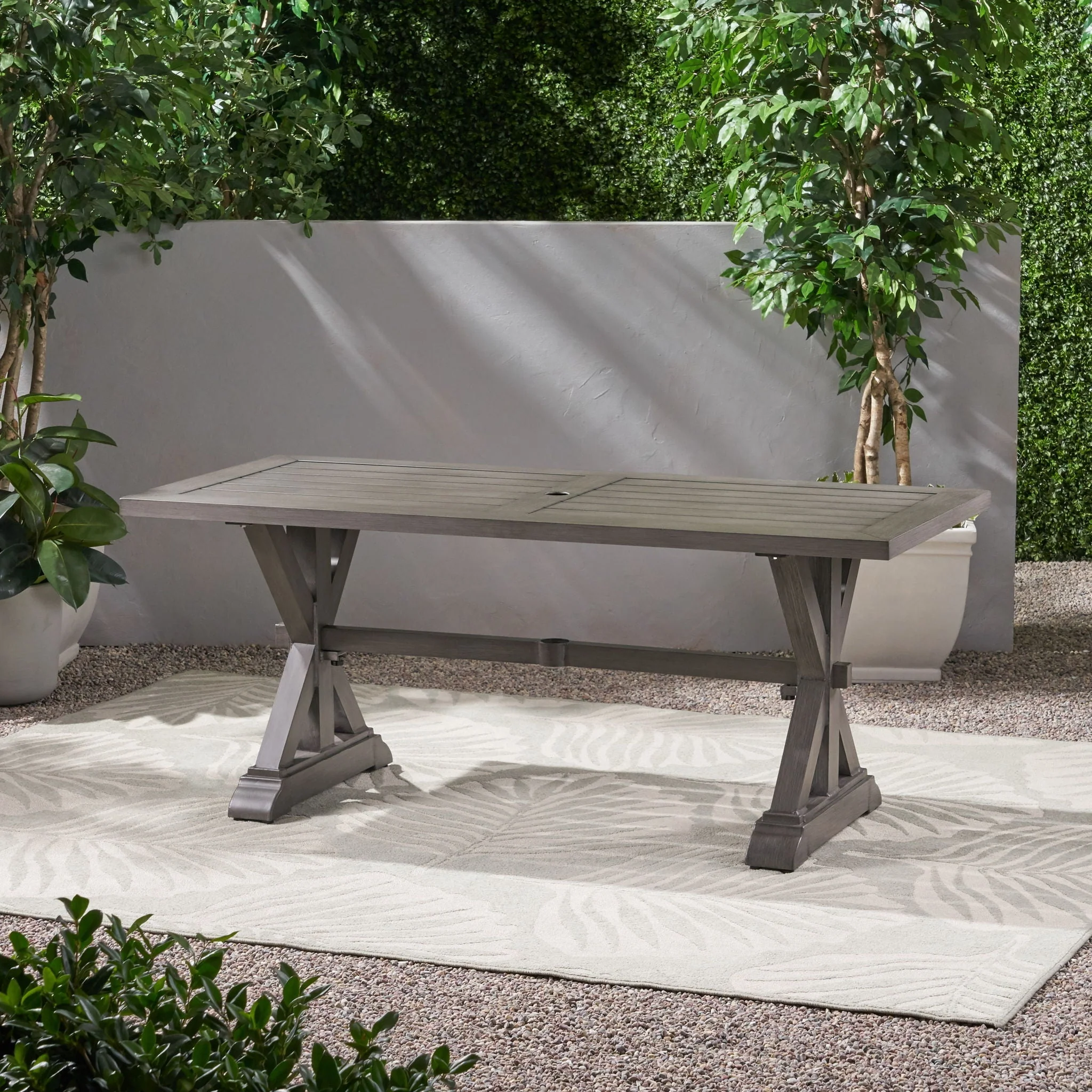 Modern Outdoor Dining Table With X Shaped Legs, Umbrella Hole - Image 4