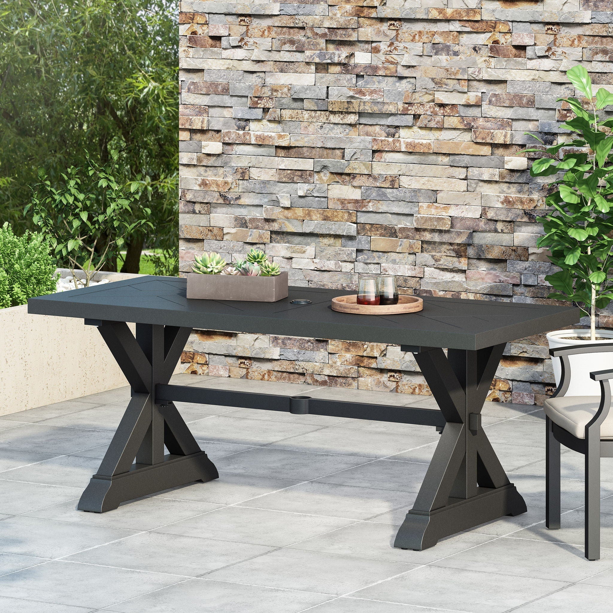 Modern Outdoor Dining Table With X Shaped Legs, Umbrella Hole - Image 5