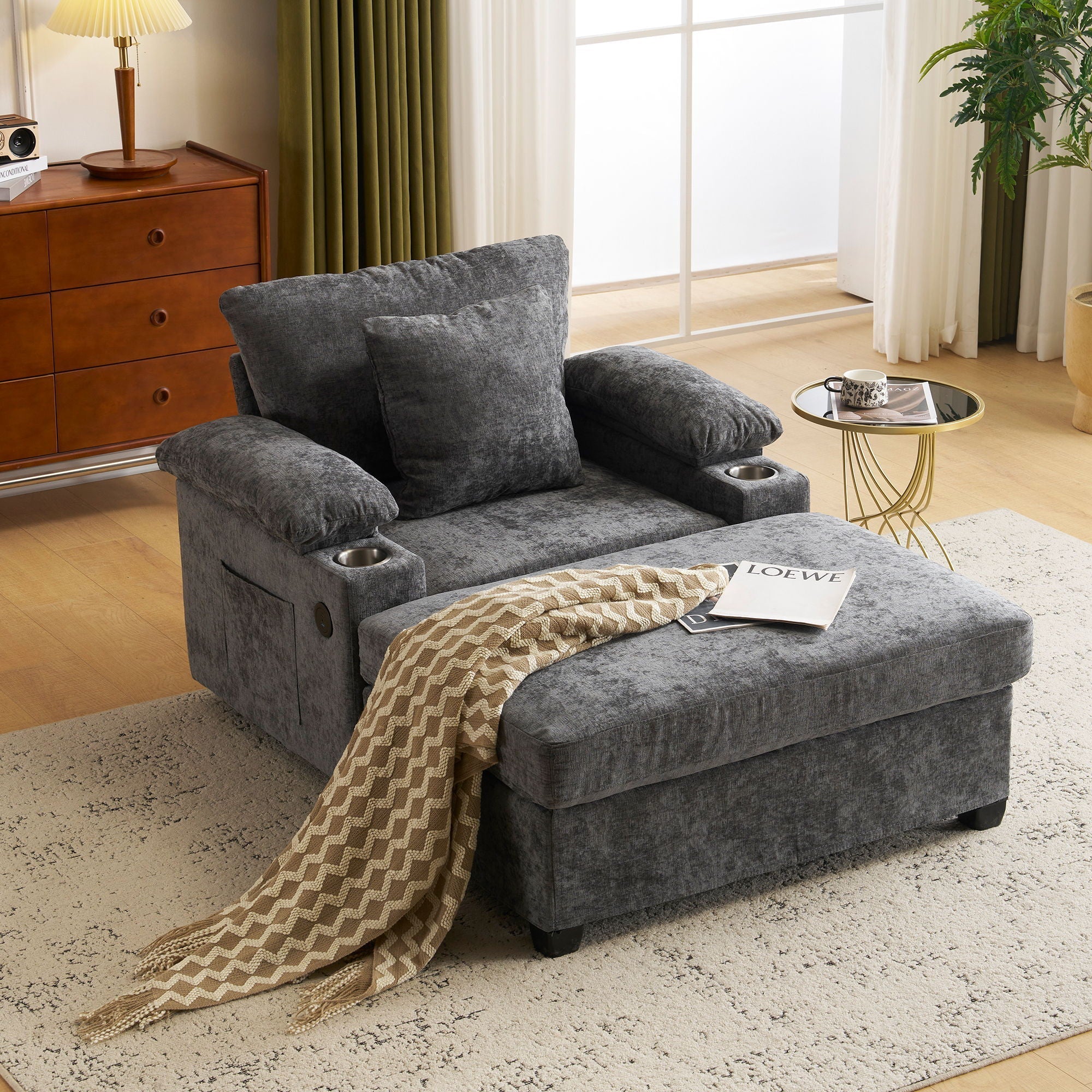 Modern Oversized Chair With Ottoman, Cupholders And USB Charging Ports - Image 11