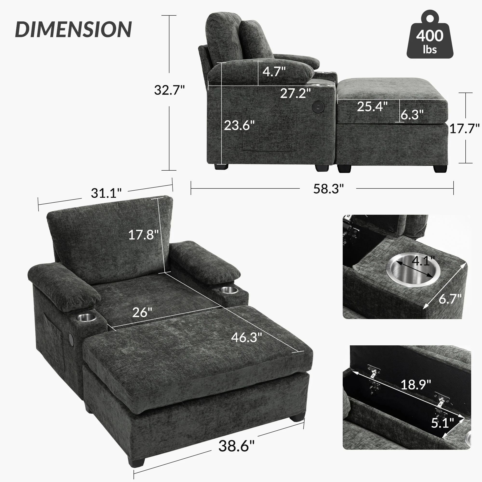 Modern Oversized Chair With Ottoman, Cupholders And USB Charging Ports - Image 4