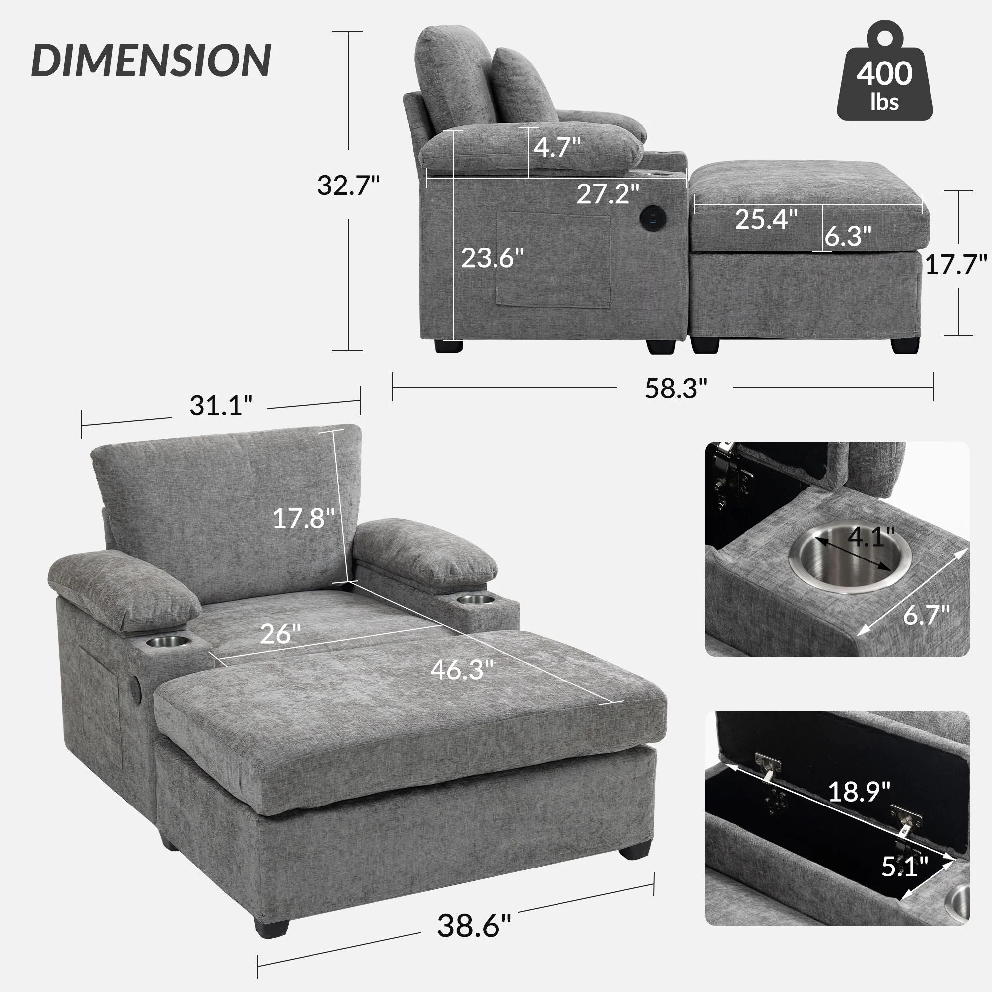 Modern Oversized Chair With Ottoman, Cupholders And USB Charging Ports - Image 5