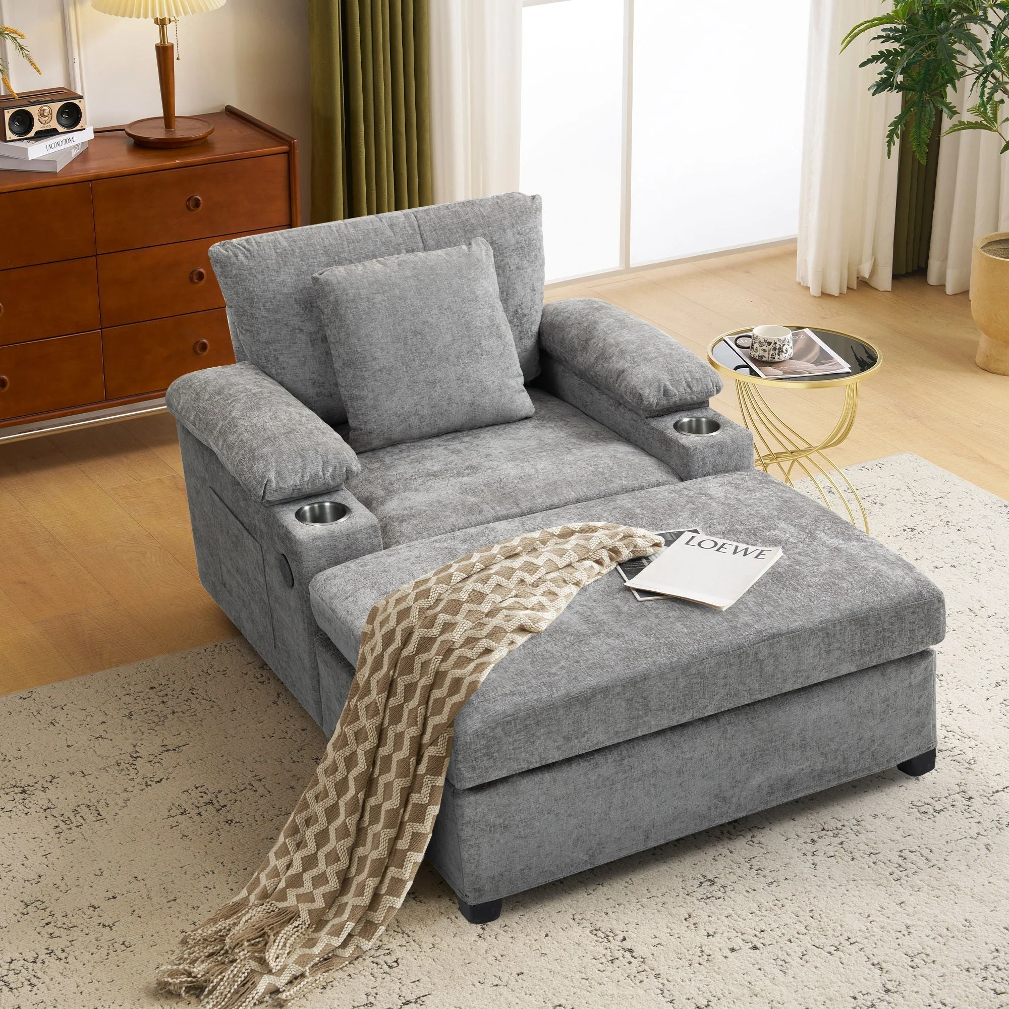 Modern Oversized Chair With Ottoman, Cupholders And USB Charging Ports - Image 8