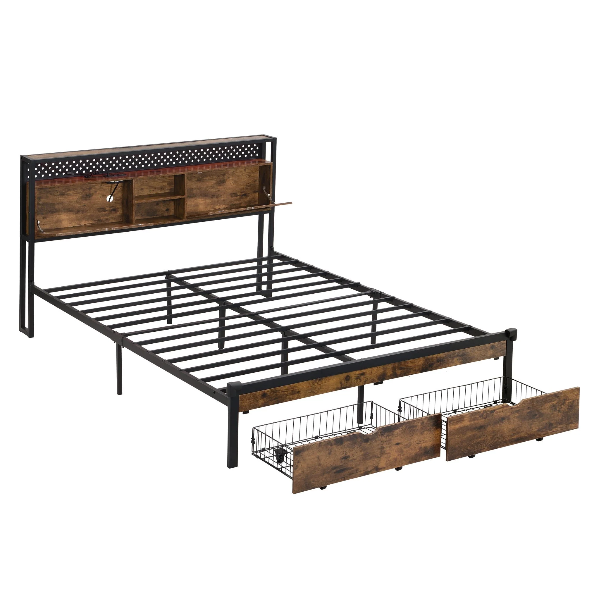 Modern Platform Bed, USB Charging Station, 2 Drawers, LED Lights