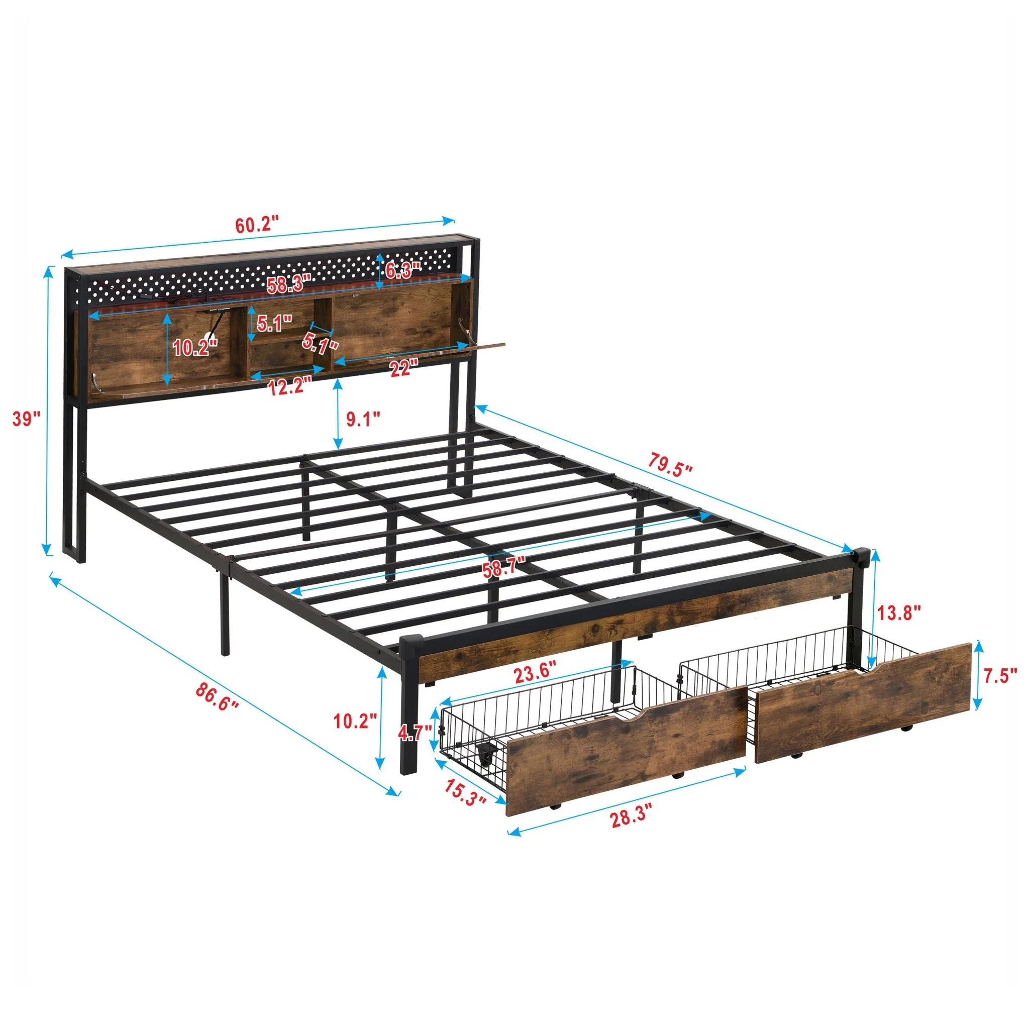 Modern Platform Bed, USB Charging Station, 2 Drawers, LED Lights - Image 2