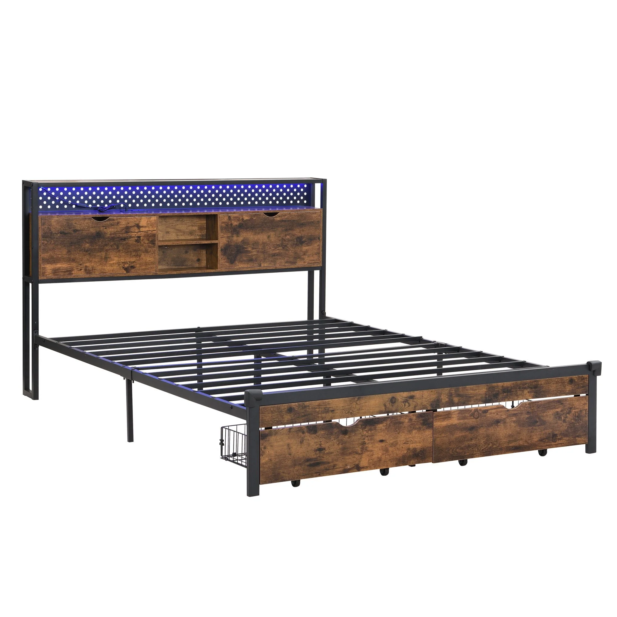Modern Platform Bed, USB Charging Station, 2 Drawers, LED Lights - Image 3