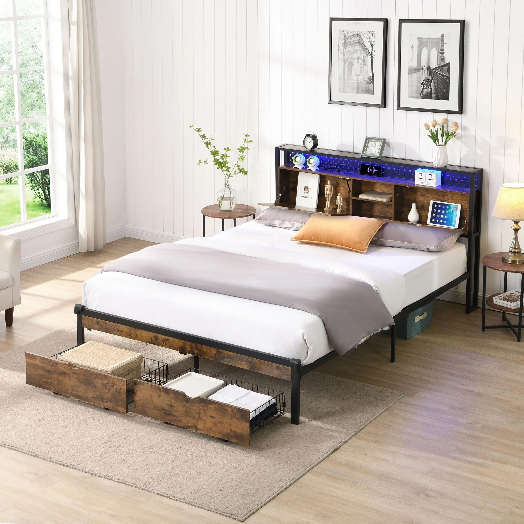Modern Platform Bed, USB Charging Station, 2 Drawers, LED Lights - Image 4