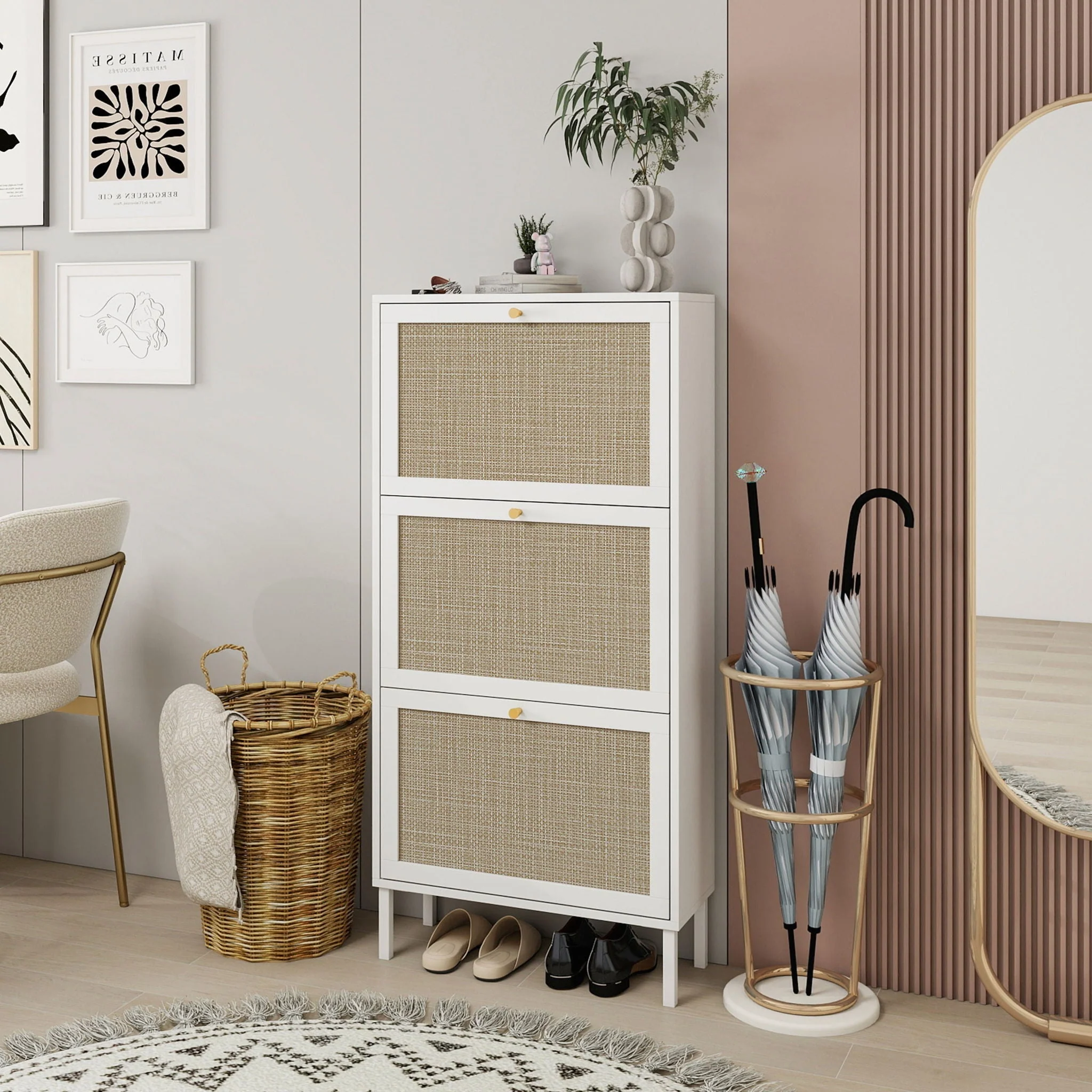 Modern Rattan 3 Door Shoe Rack Cabinet for Entryway - Image 19