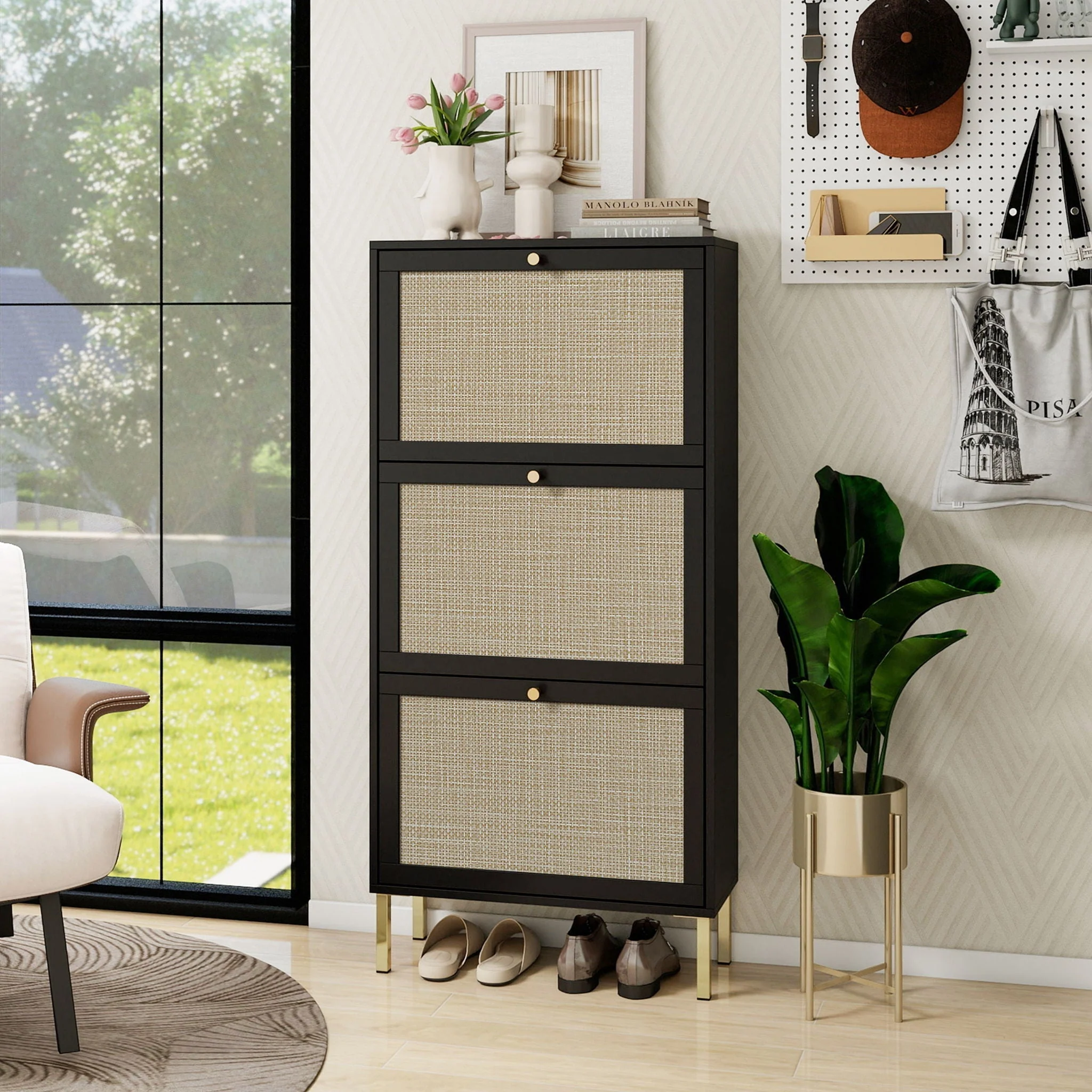 Modern Rattan 3 Door Shoe Rack Cabinet for Entryway - Image 22