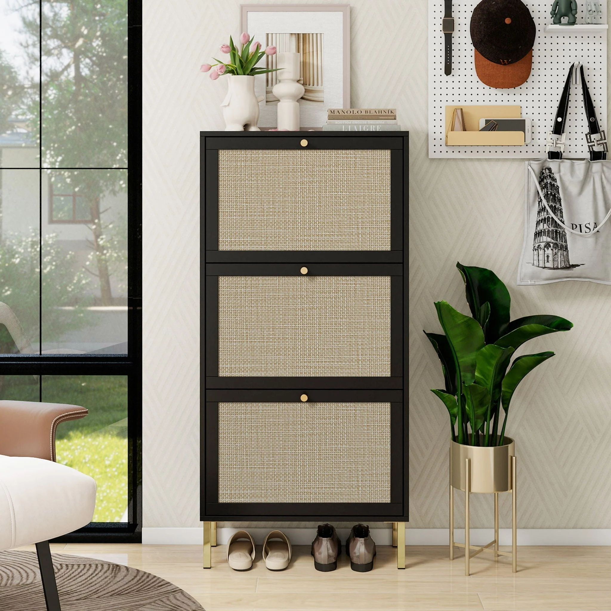 Modern Rattan 3 Door Shoe Rack Cabinet for Entryway - Image 24