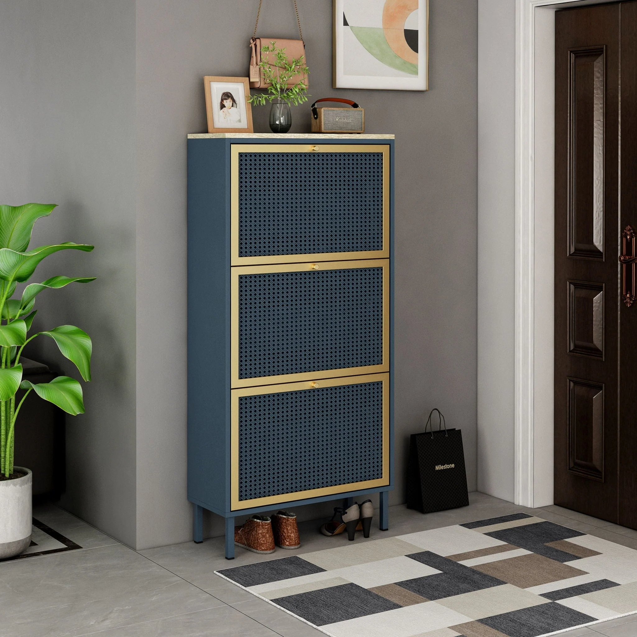 Modern Rattan 3 Door Shoe Rack Cabinet for Entryway - Image 46