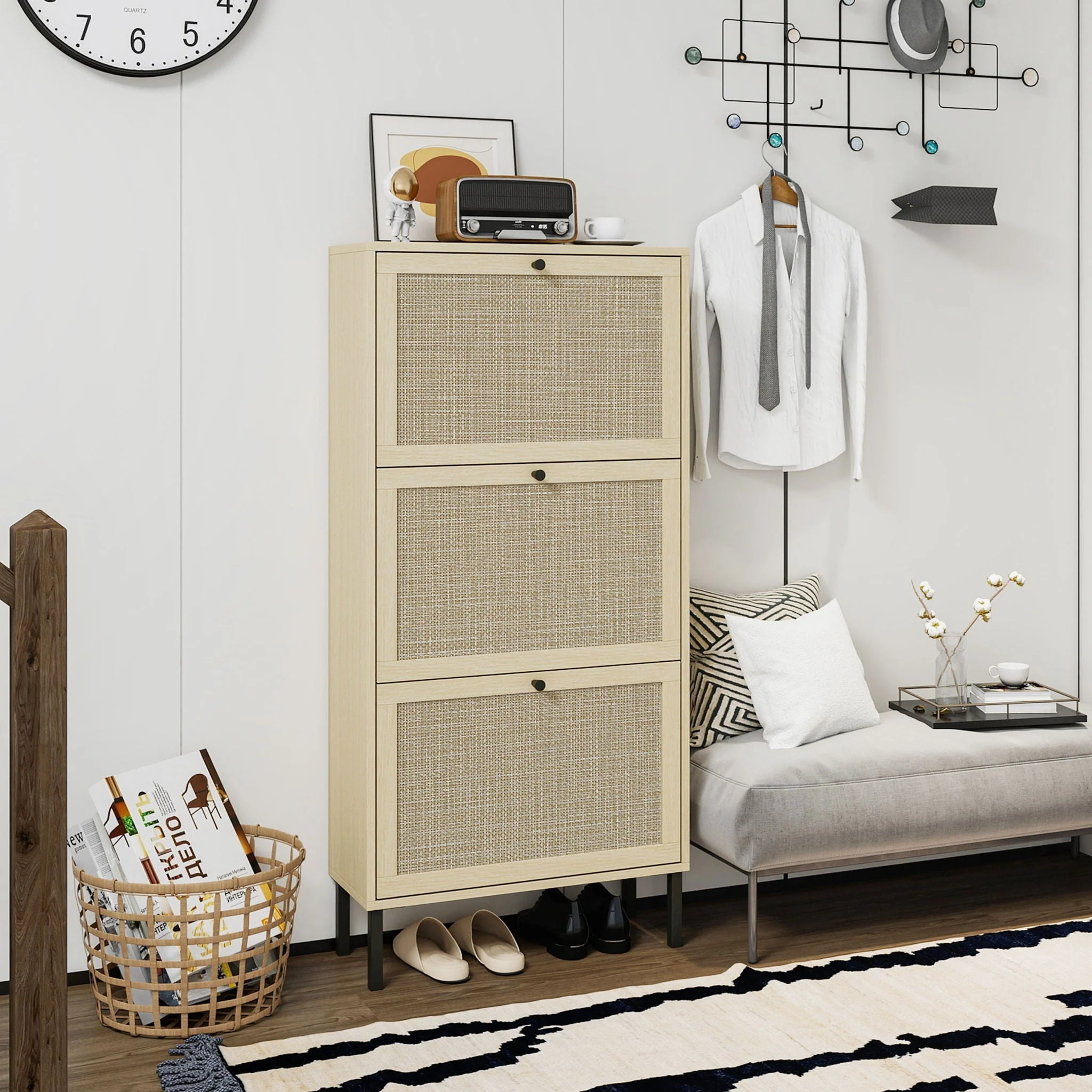 Modern Rattan 3 Door Shoe Rack Cabinet for Entryway - Image 47