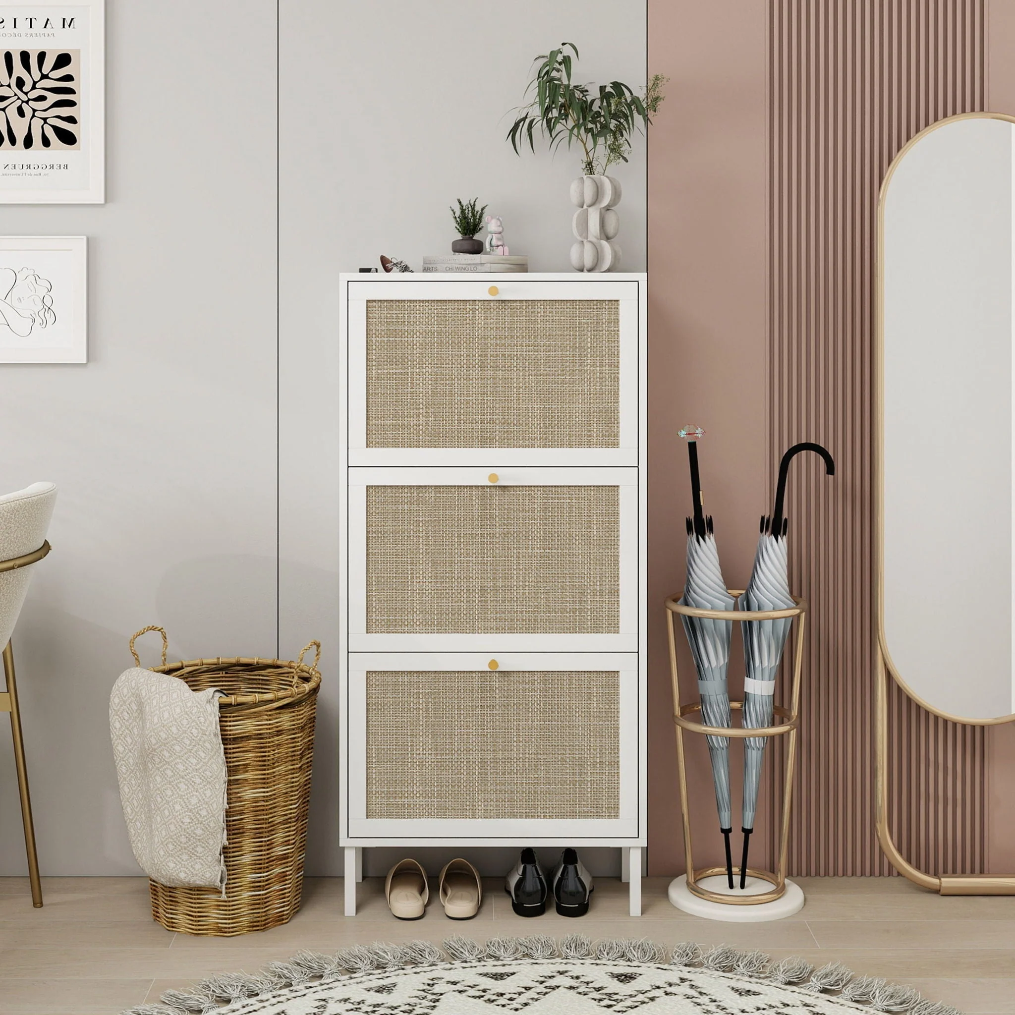 Modern Rattan 3 Door Shoe Rack Cabinet for Entryway - Image 61