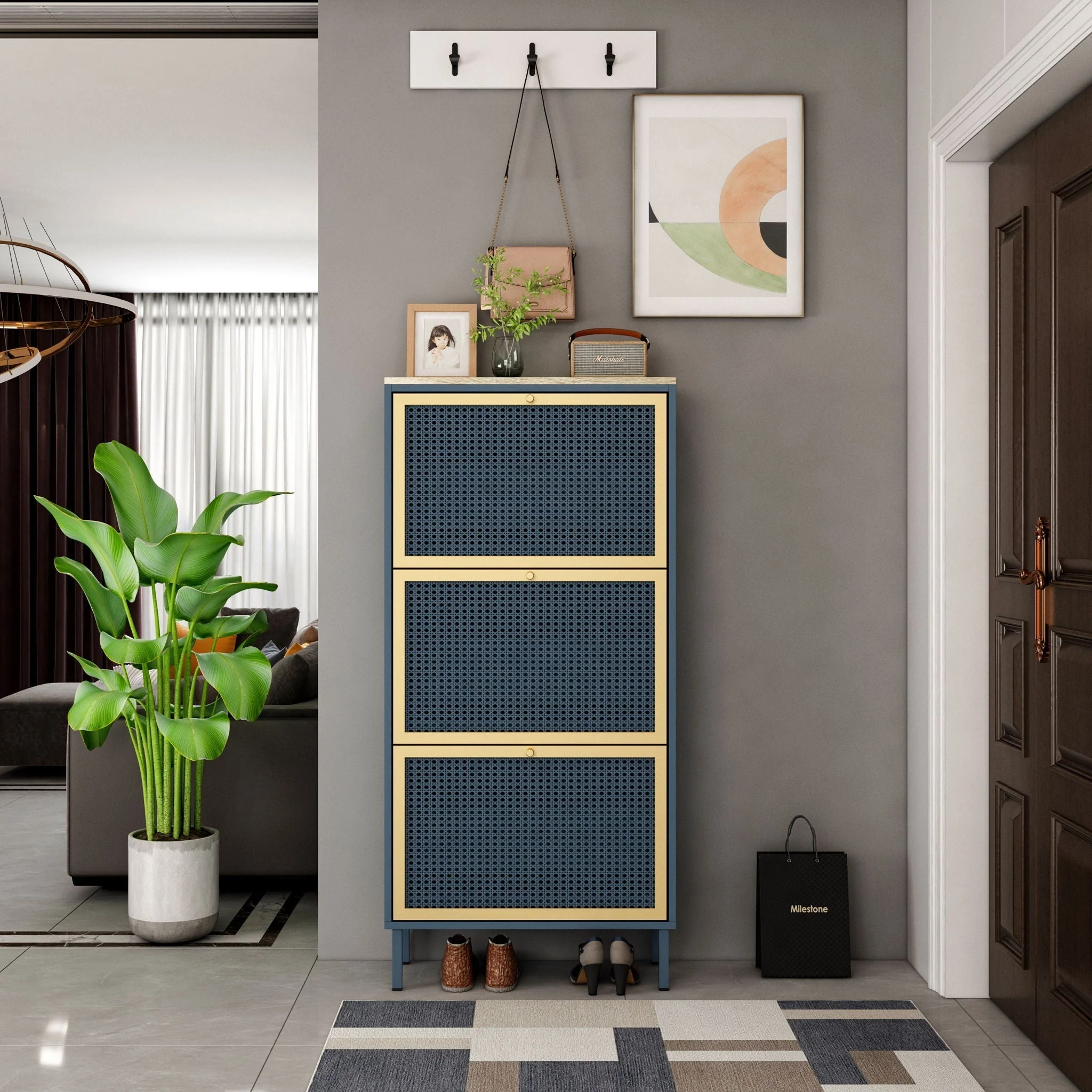 Modern Rattan 3 Door Shoe Rack Cabinet for Entryway - Image 7