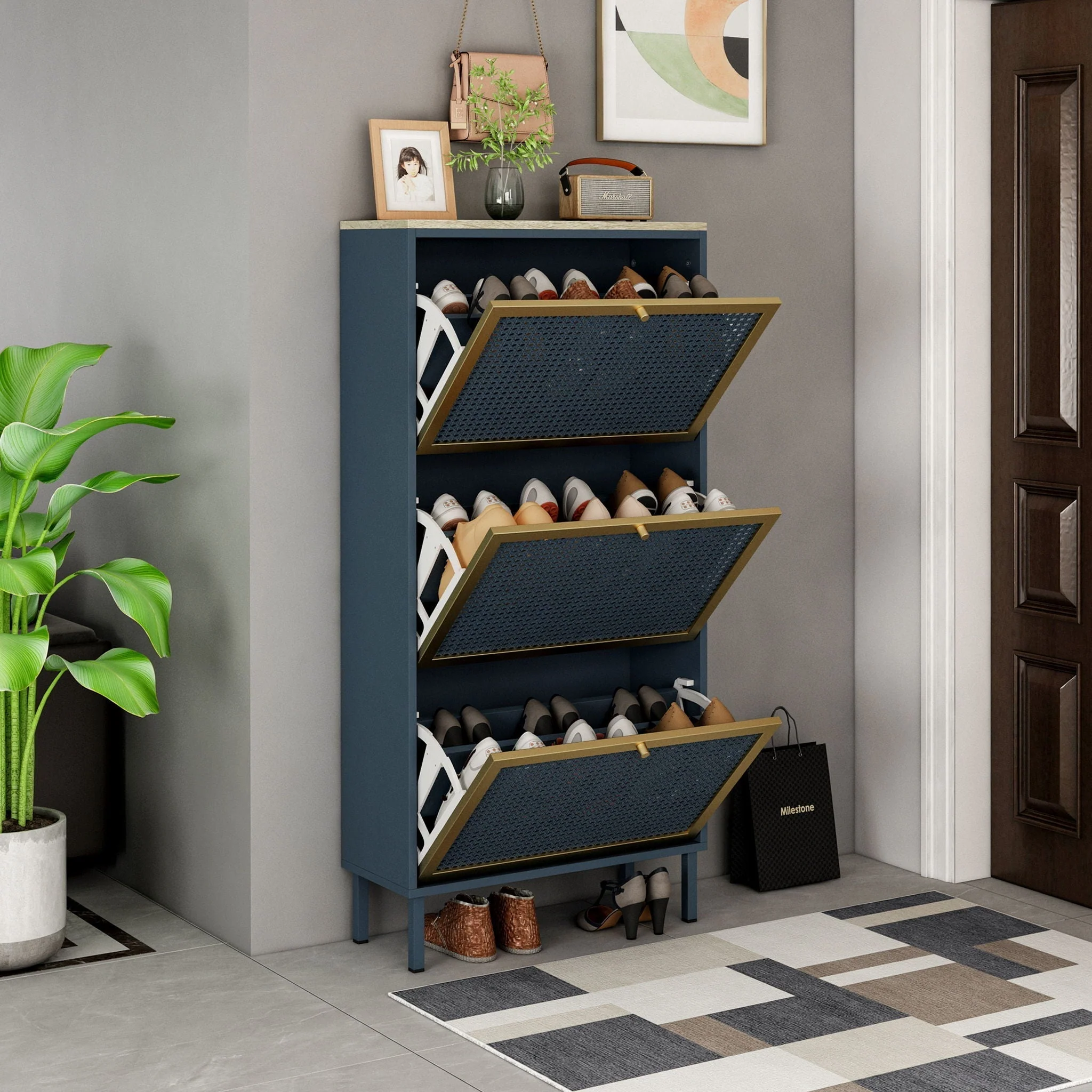 Modern Rattan 3 Door Shoe Rack Cabinet for Entryway - Image 73