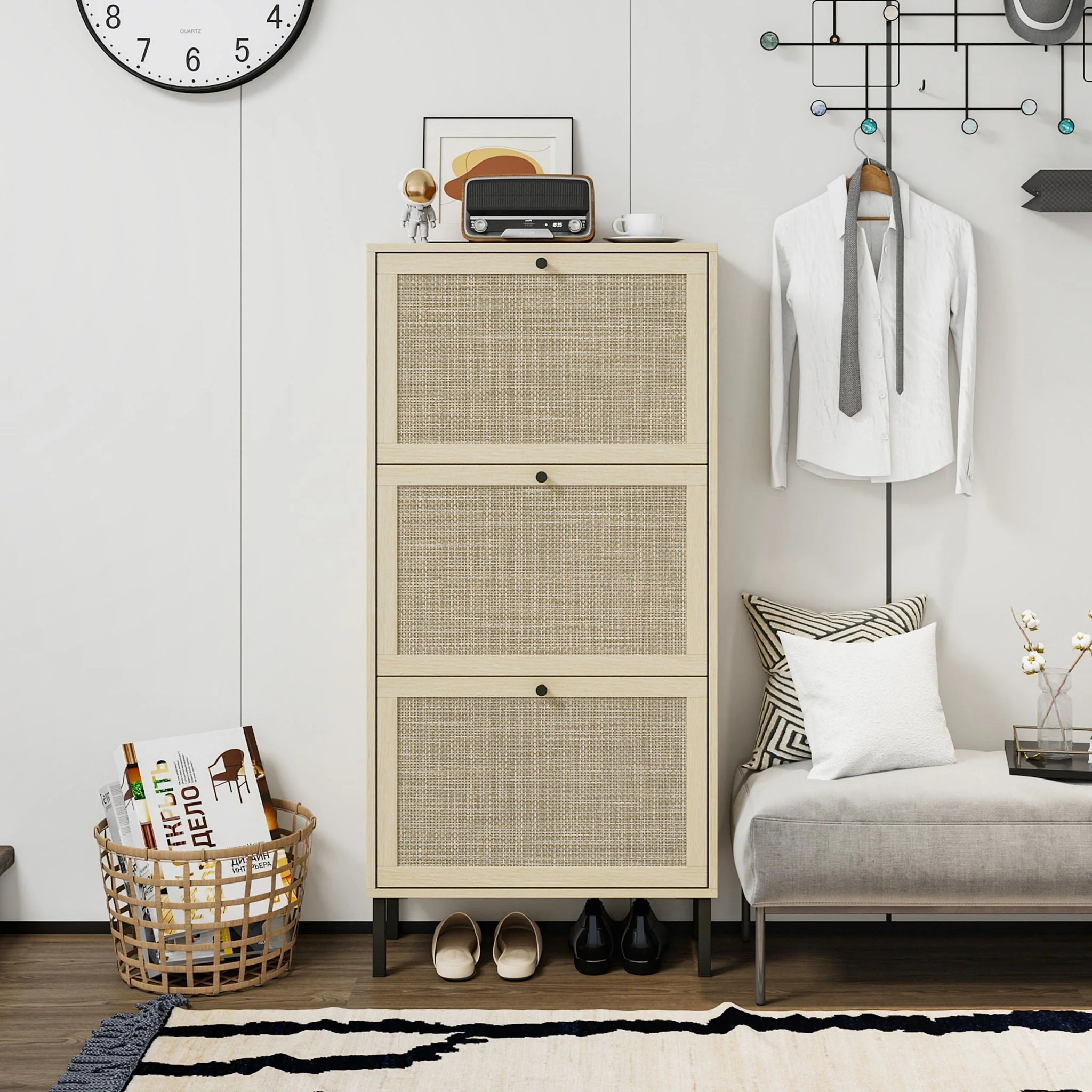 Modern Rattan 3 Door Shoe Rack Cabinet for Entryway - Image 74