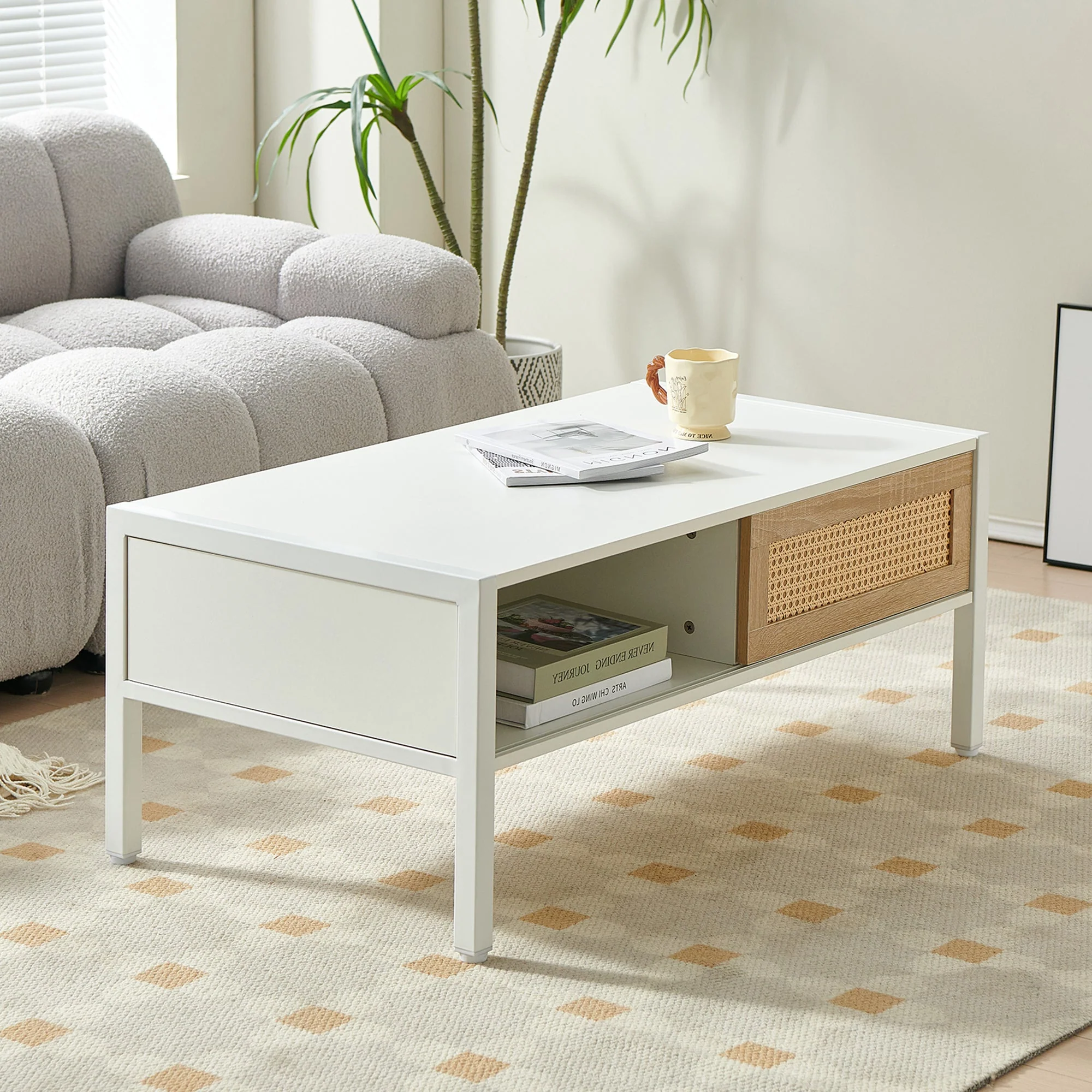 Modern Rattan Coffee Table with Sliding Door - Image 2