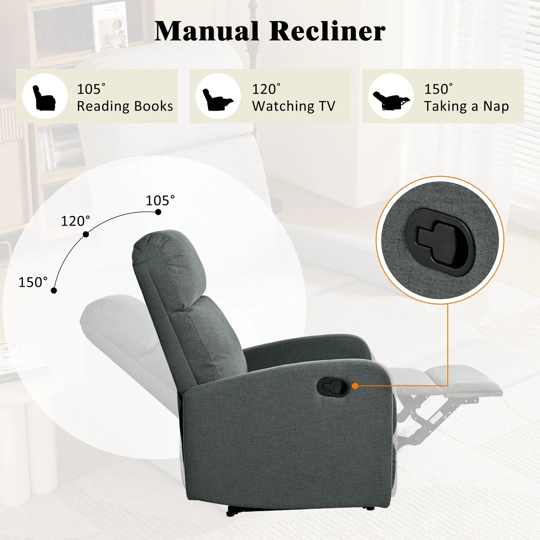 Modern Recliner Manual, Home Theater Chair With Adjustable Backrest - Image 6