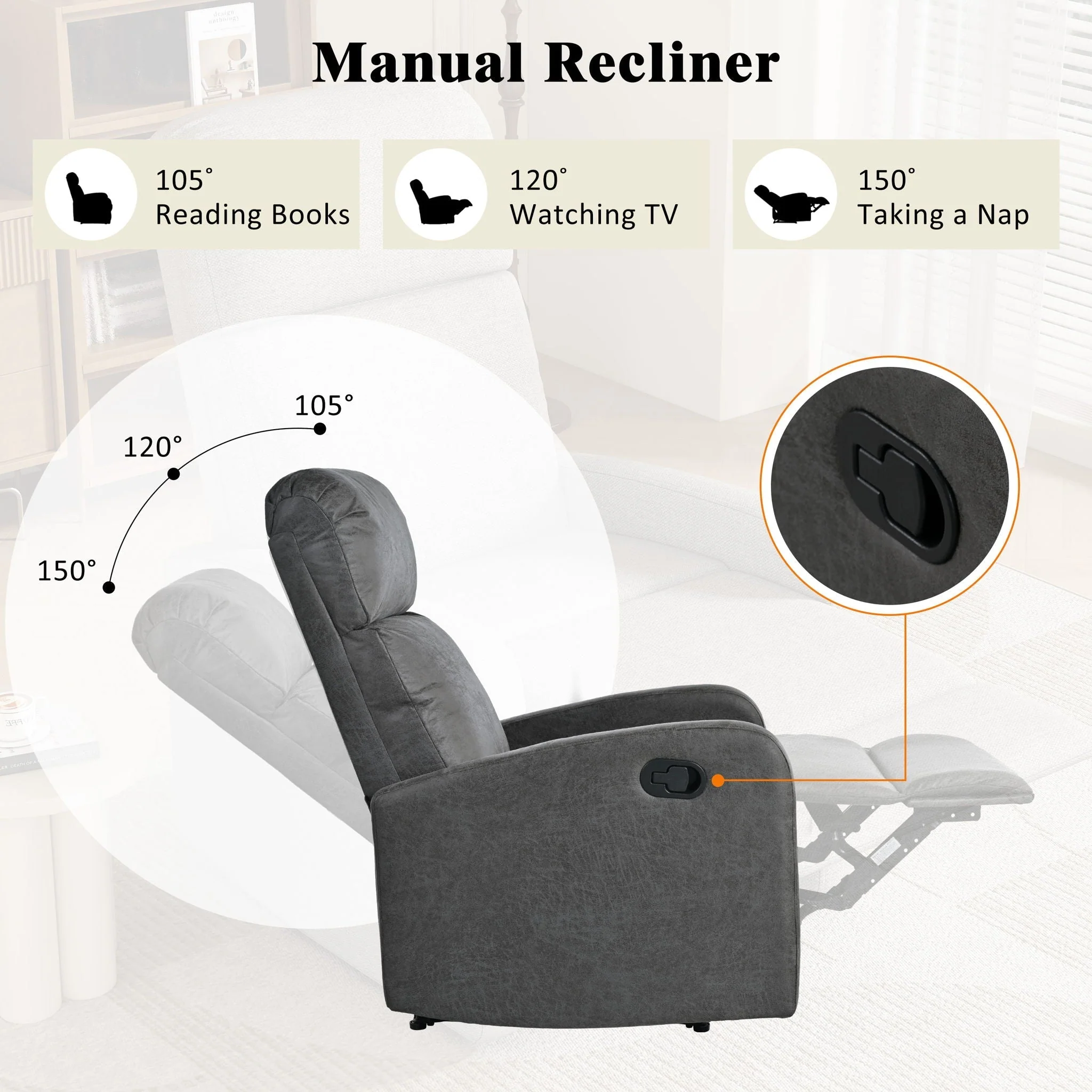 Modern Recliner Manual, Home Theater Chair With Adjustable Backrest - Image 8