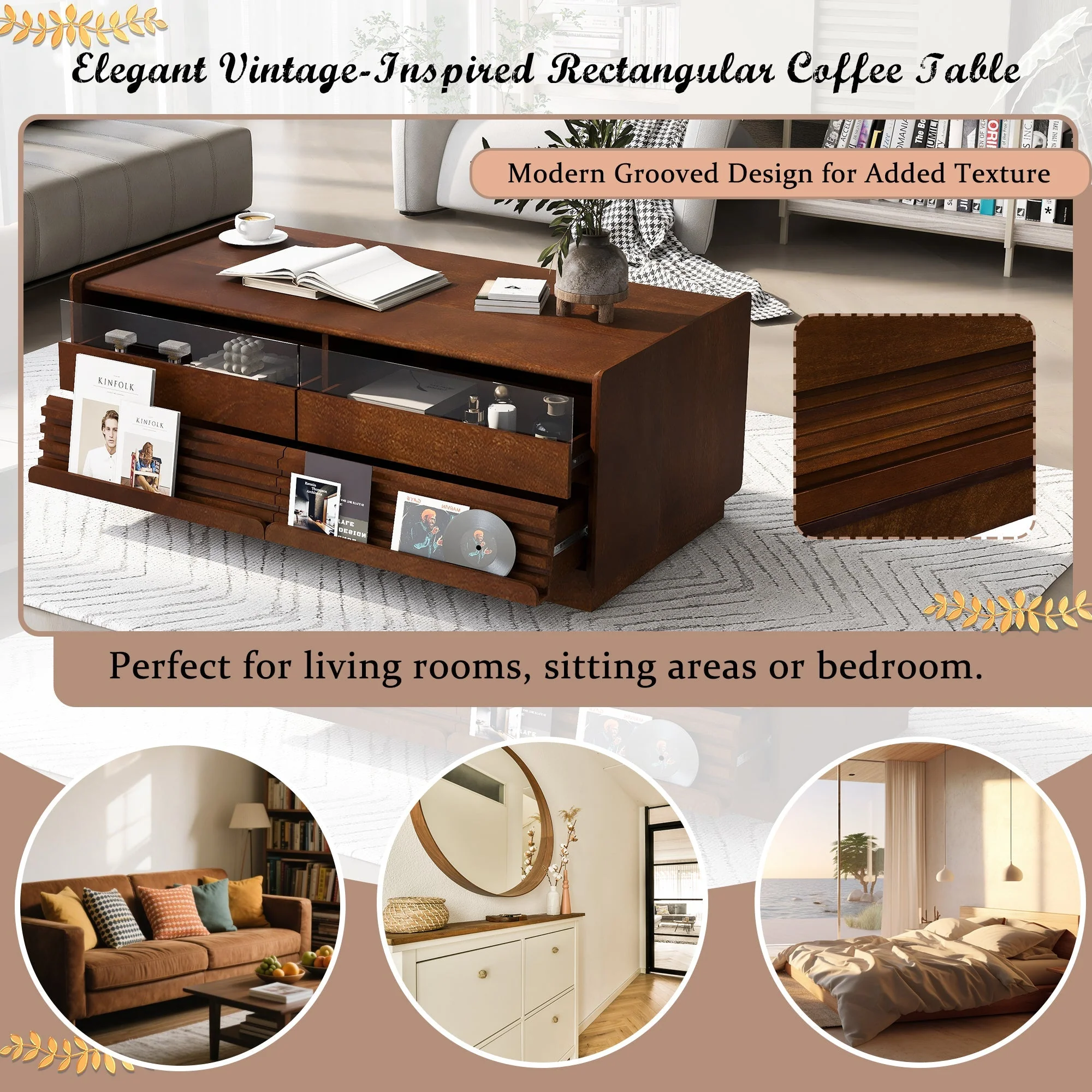 Modern Rectangle Coffee Table with 4 Drawers and 2 Display Shelves - Image 10