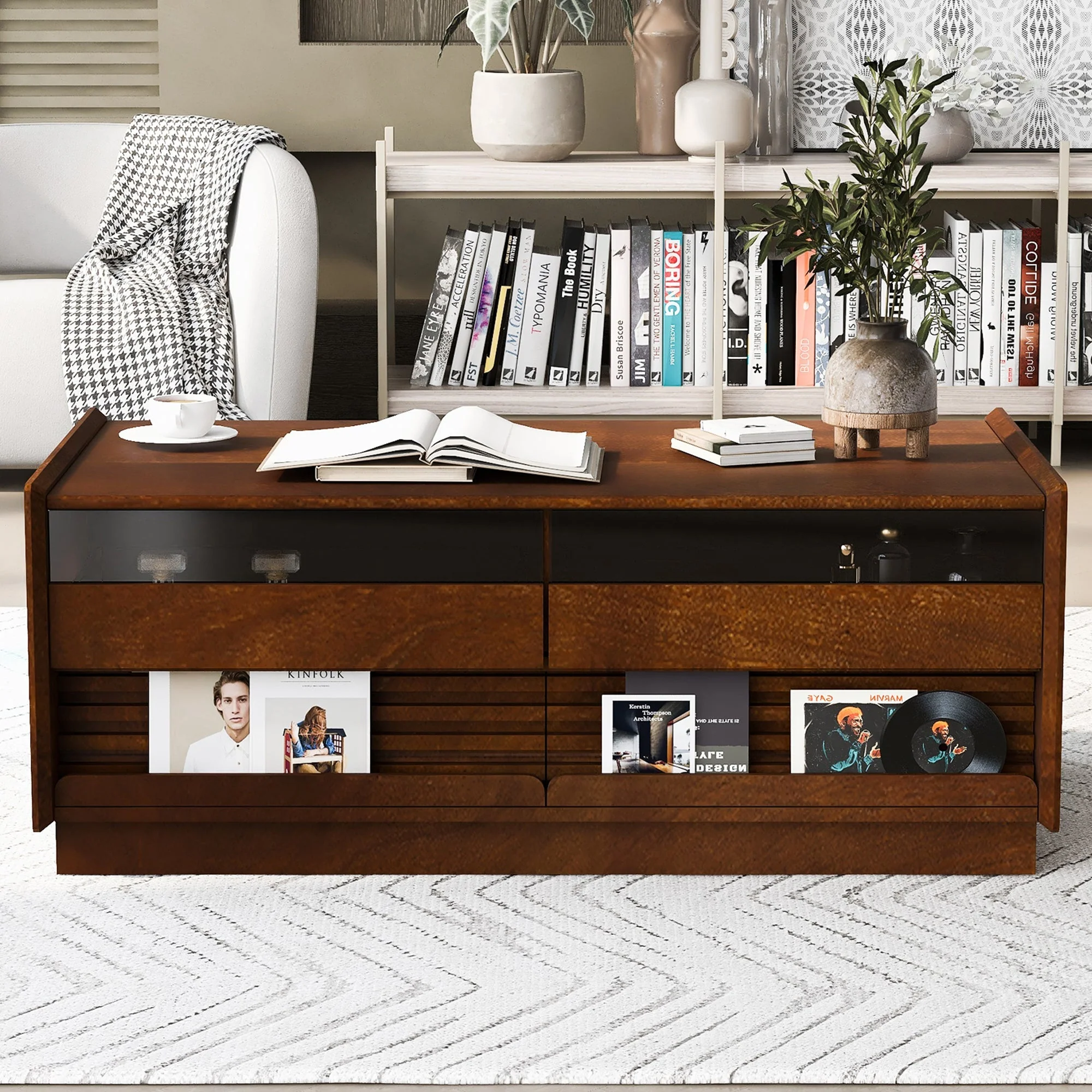 Modern Rectangle Coffee Table with 4 Drawers and 2 Display Shelves - Image 5