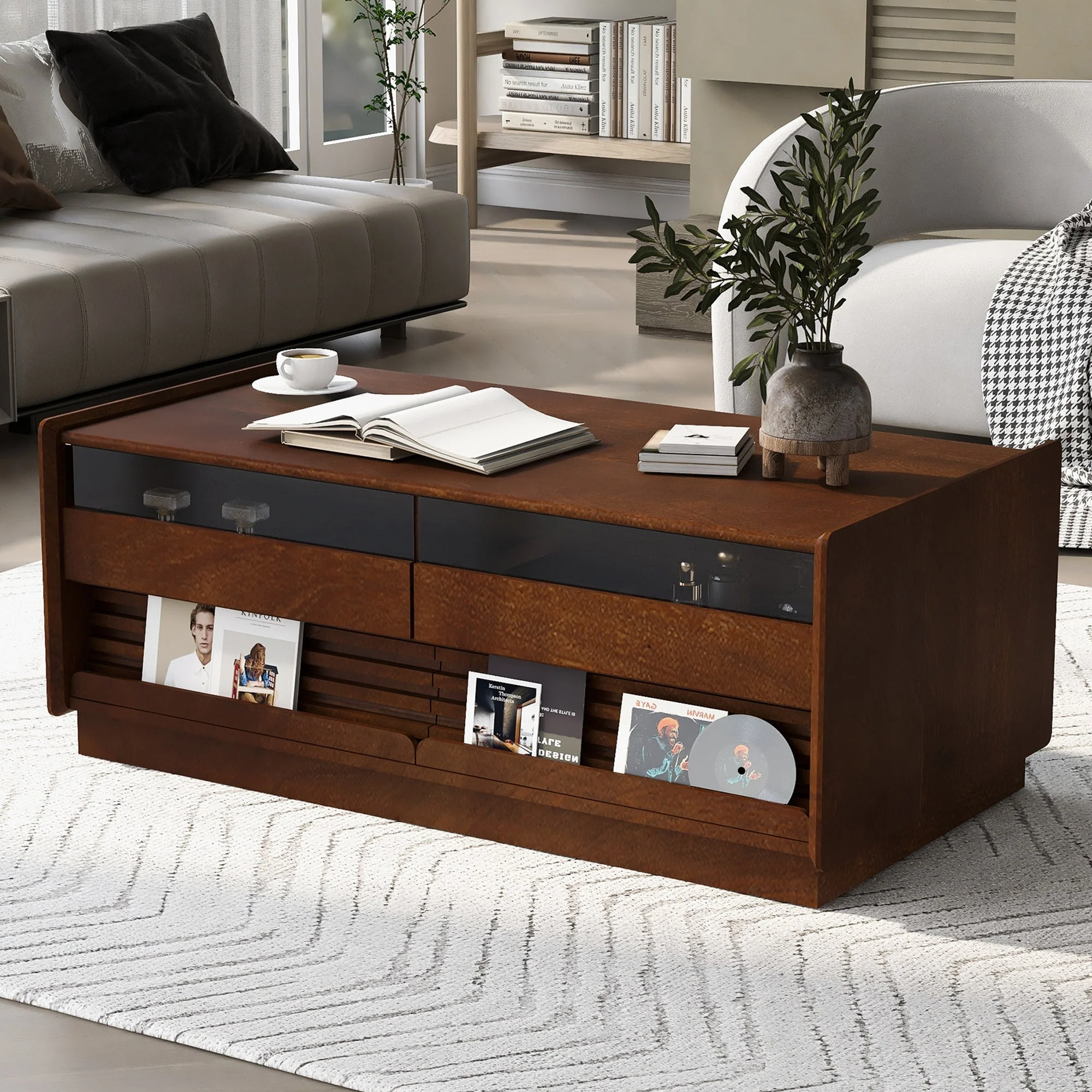 Modern Rectangle Coffee Table with 4 Drawers and 2 Display Shelves - Image 6