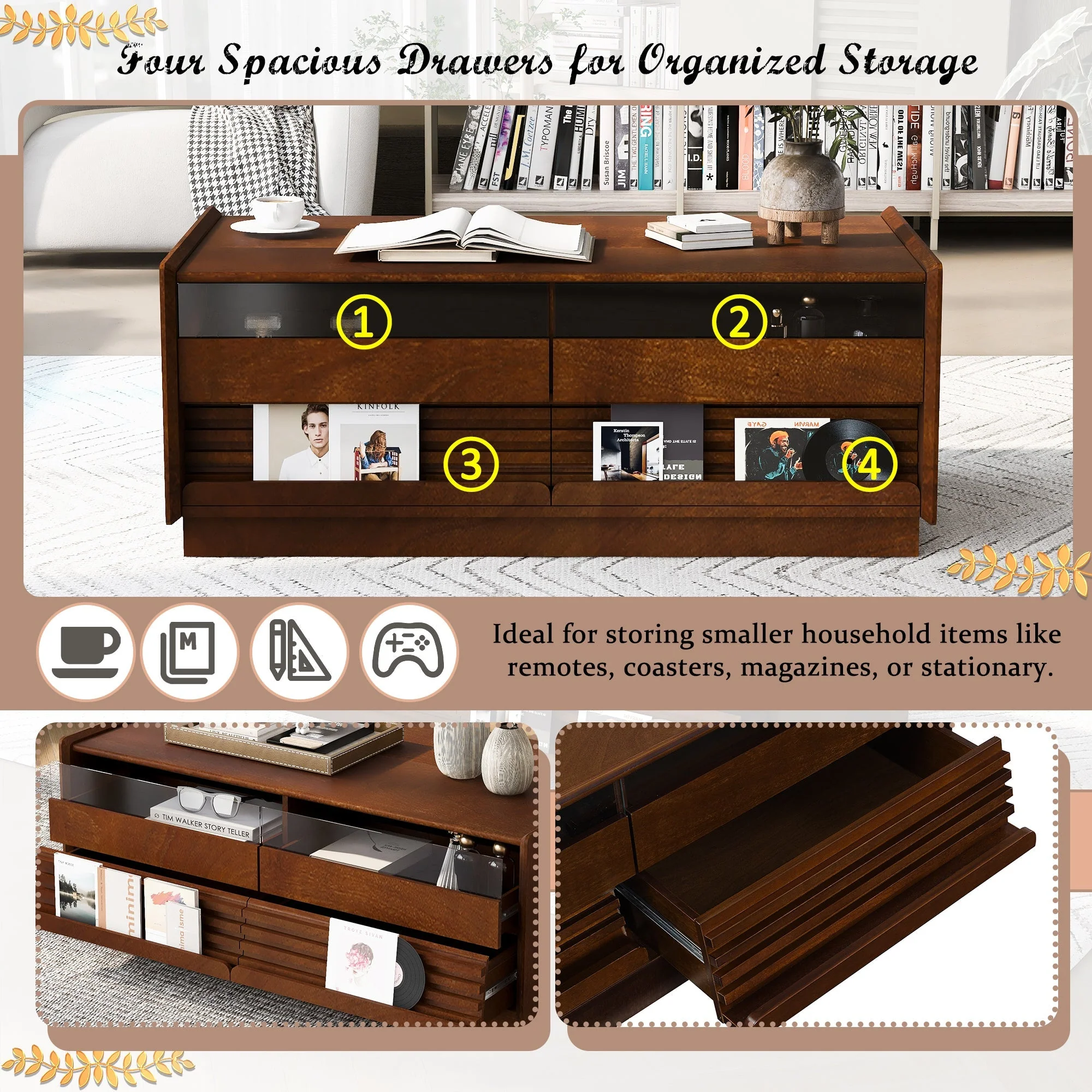 Modern Rectangle Coffee Table with 4 Drawers and 2 Display Shelves - Image 7